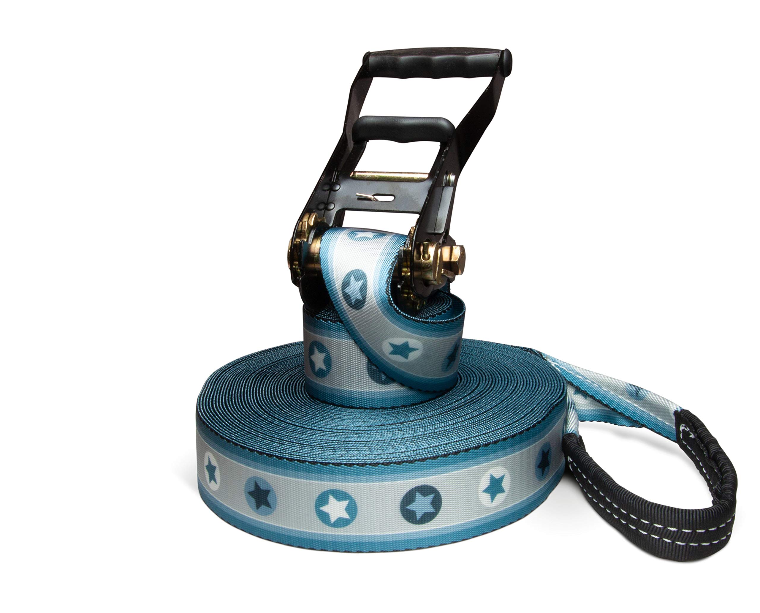 Slackline Blue Stars 25 Metre Length Complete Set for Kids, Beginners and Families, Includes Rope and Carry Bag (25)