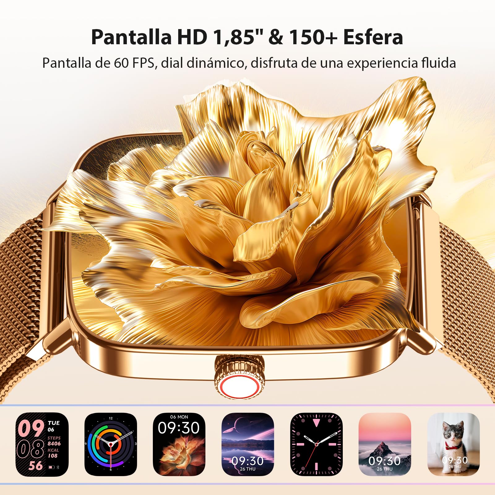 Yoever Reloj Inteligente Mujer, 1.85" Smartwatch Mujer con Llamadas y Whatsapp Notificación, SpO2/Pulsómetro/Sueño/Podómetro, 110 Modos Deporte, IP68 para Android iOS Dorado
