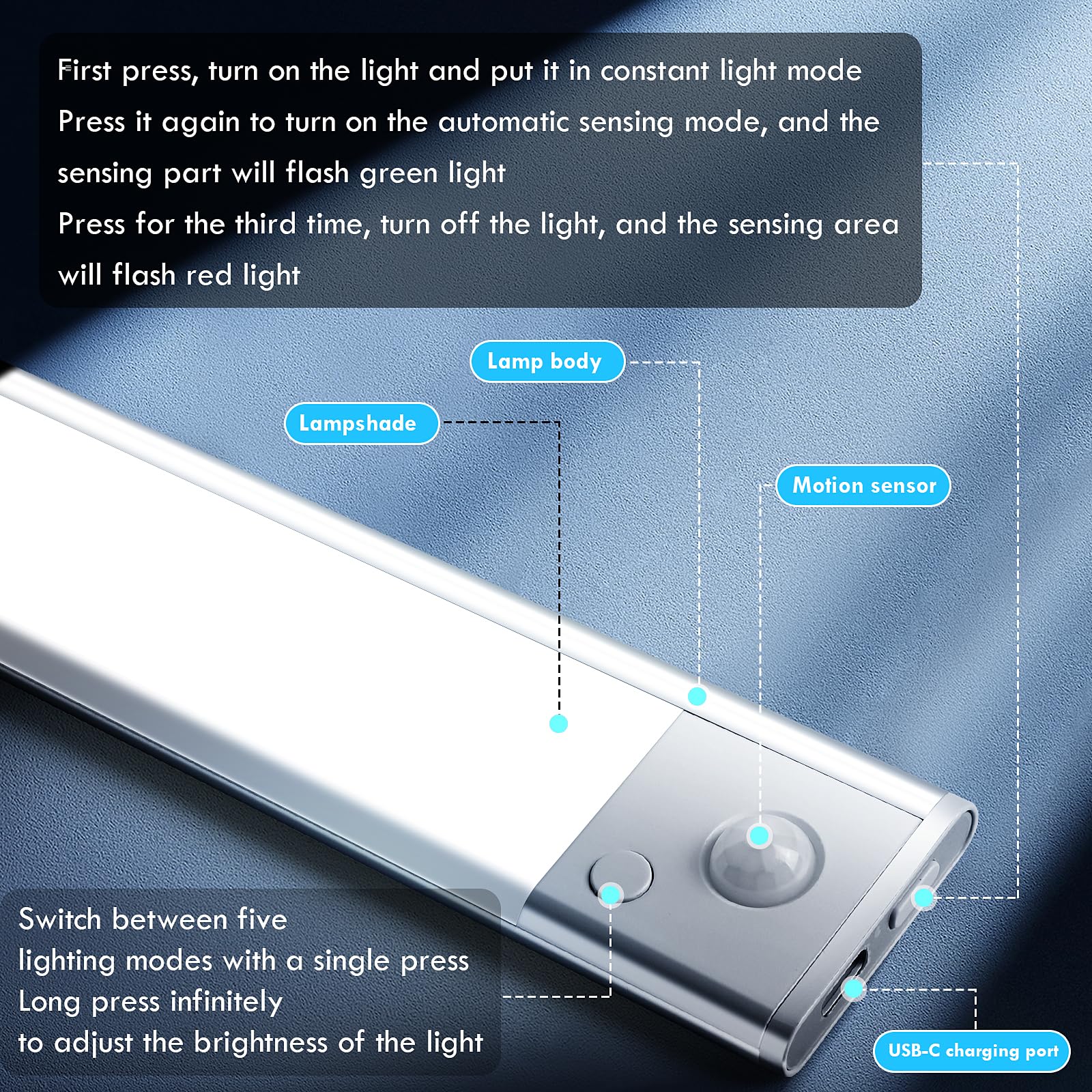 Luce LED Sottopensile Con Sensore Movimento - 40cm, 89 LED, Batteria 2200mAh, Ricaricabile USB, Dimmerabile - Foto 8