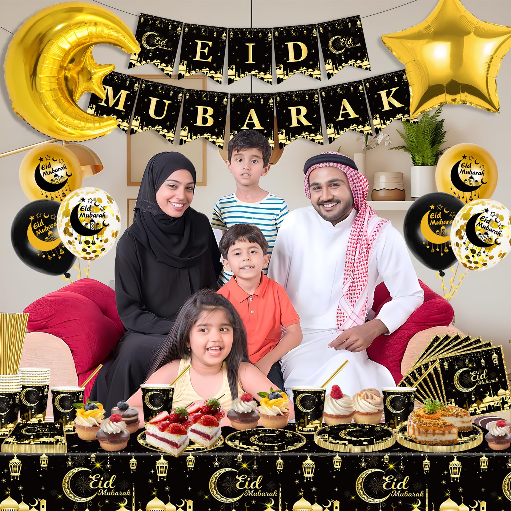 EID MUBARAK Décoration – Kit Vaisselle Jetable – 60 PCS – 12x Grande Assiette, Moyen Plat, Gobelets, Pailles Et Serviettes (ROSE GOLD