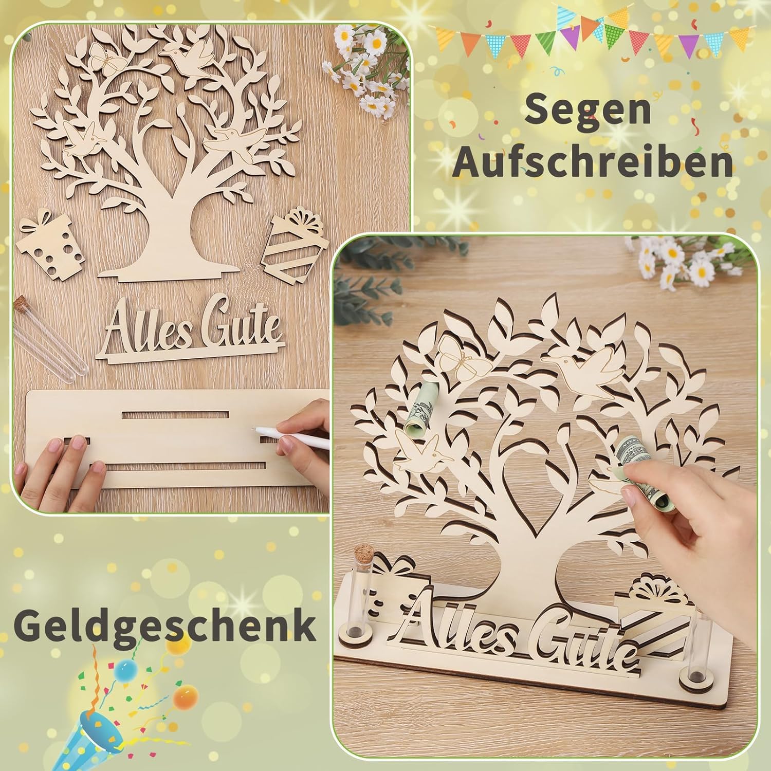Albero Dei Soldi In Legno Regalo Con Luci LED - Albero Della Vita Personalizzato Per Matrimonio, Compleanno, Con Provette Per Banconote