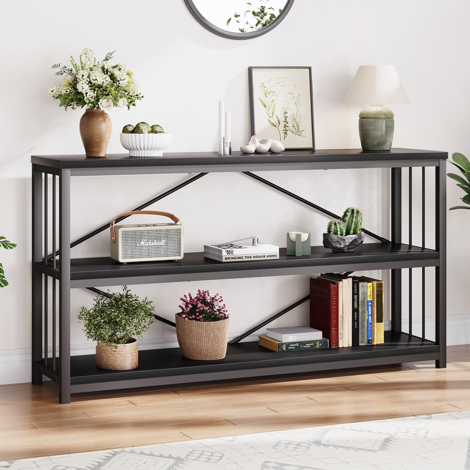 LVB Black Console Table, Modern Entryway Table for Hallway Living Room, Industrial Sofa Table Behind Couch, Farmhouse Wooden Metal Entry Table for Foyer with 3-Tier Storage Shelves, Black Oak, 55 Inch