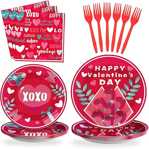 SCIONE Juego de 96 piezas de vajilla para fiesta del día de San Valentín, bonitos platos y tenedores de rosas X y O, servilletas para el día de San