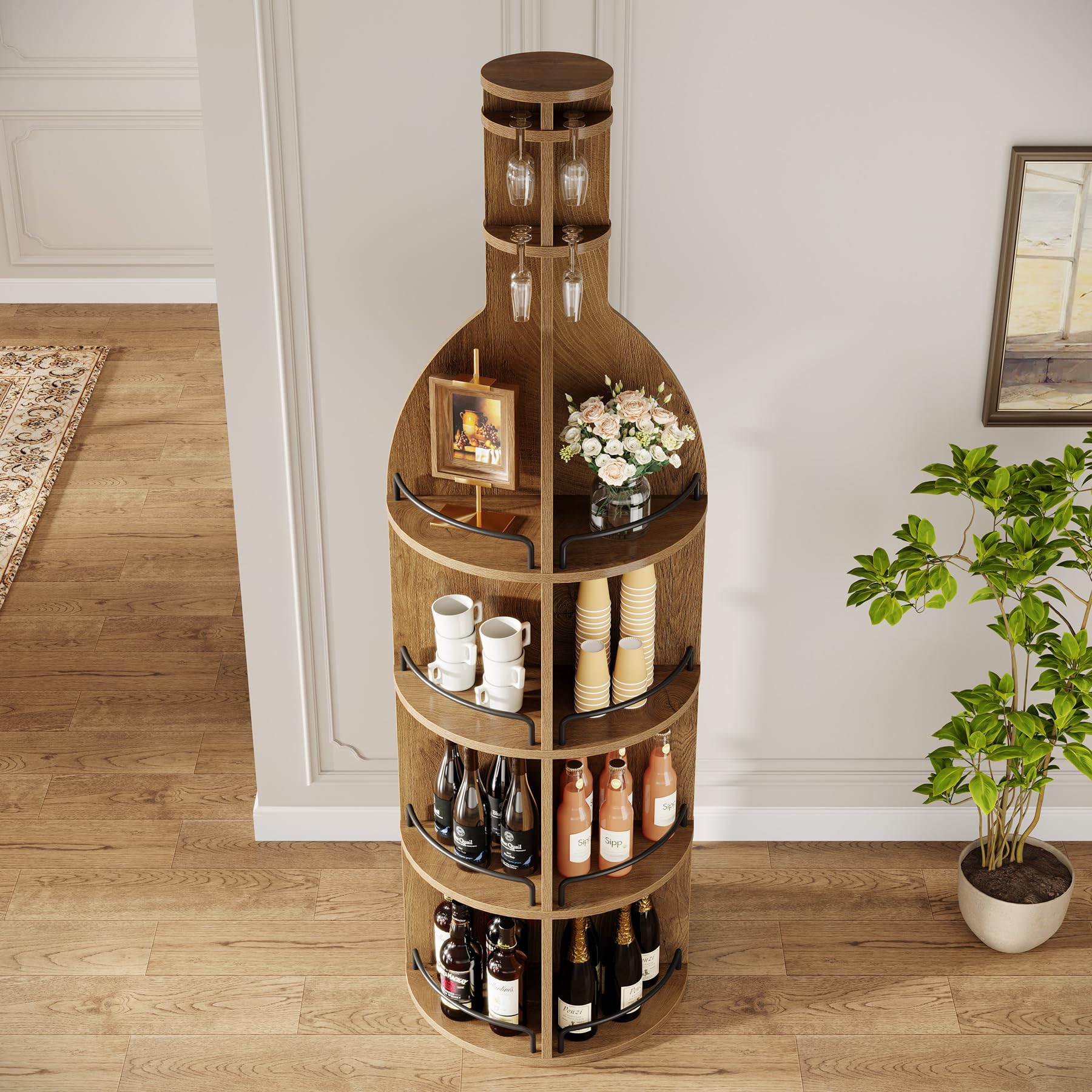 Tribesigns Étagère à Vin avec Tablettes de Rangement, 190 cm Casier à Vin Industriel Rond avec Porte-verres Suspendu, Présentoir à Bouteilles Autoportant pour Salon, Cave, Marron (Sans Éclairage, 1PC)