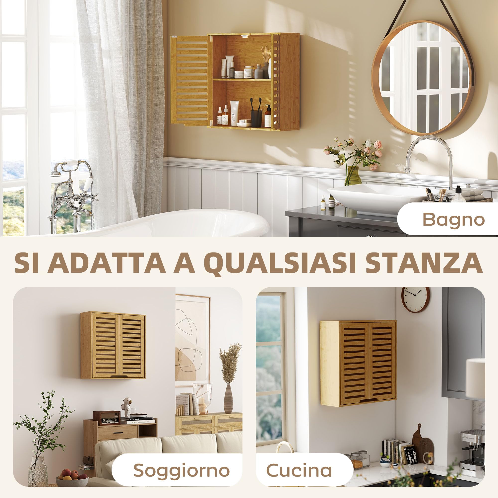 HOMCOM Pensile Bagno con Ante a Persiana in Bambù, Mobiletto Bagno Sospeso con Ripiano Interno Regolabile, 60x20x60 cm, Color Legno