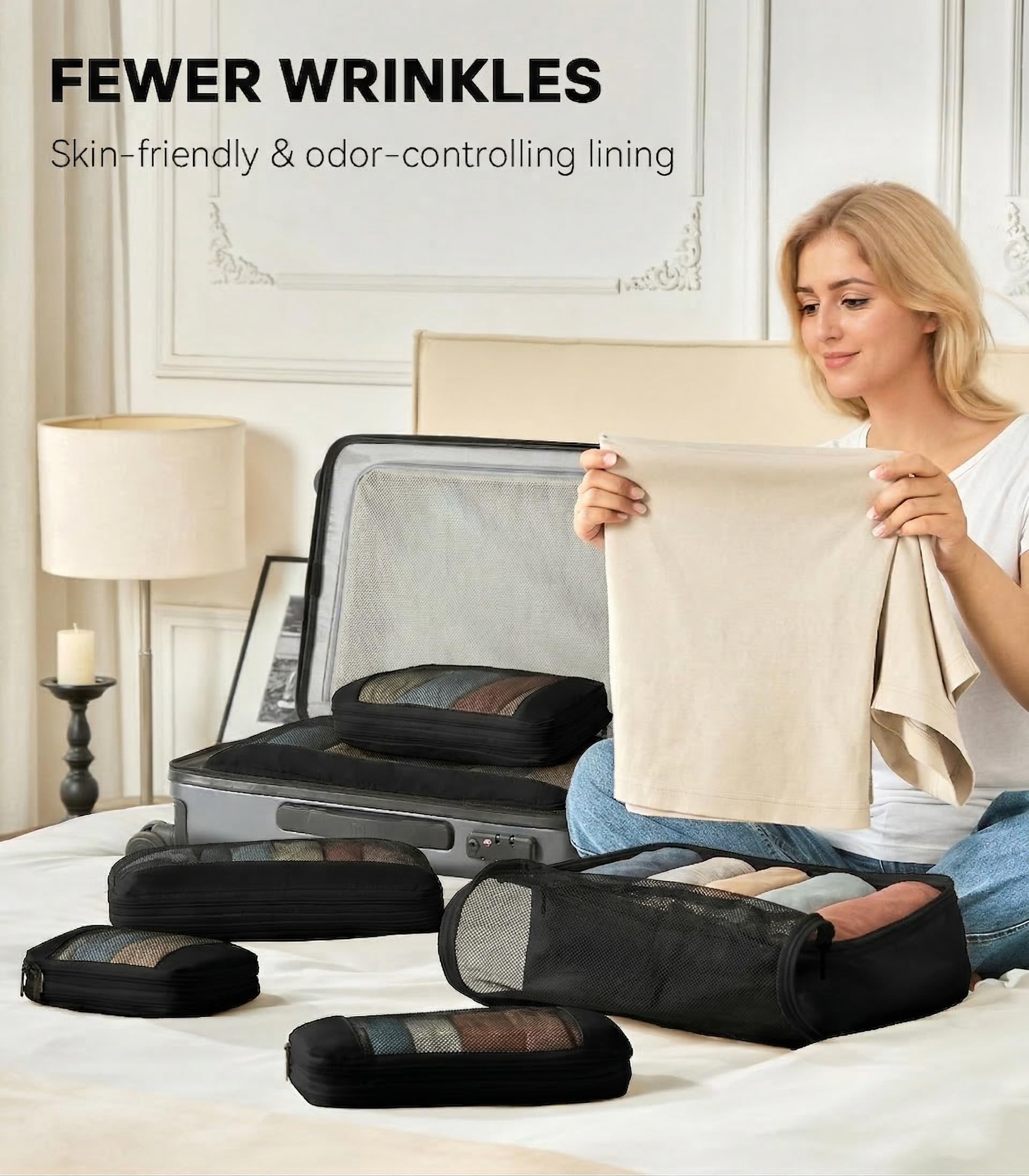 MURISE Zestaw 6 Organizer do Walizki Kompresyjny, Compression Packing Cubes do Plecaka, Organizer Podróżny na Wakacje i Podróże, Akcesoria Kempingowe i Podróżne, Czarny