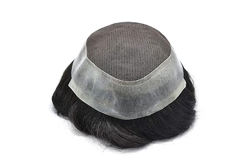 Miniatura 2 de Toupee - Peluca de encaje suizo para hombre con encaje fino alrededor de los hombres, sistema de reemplazo de cabello humano negro natural para