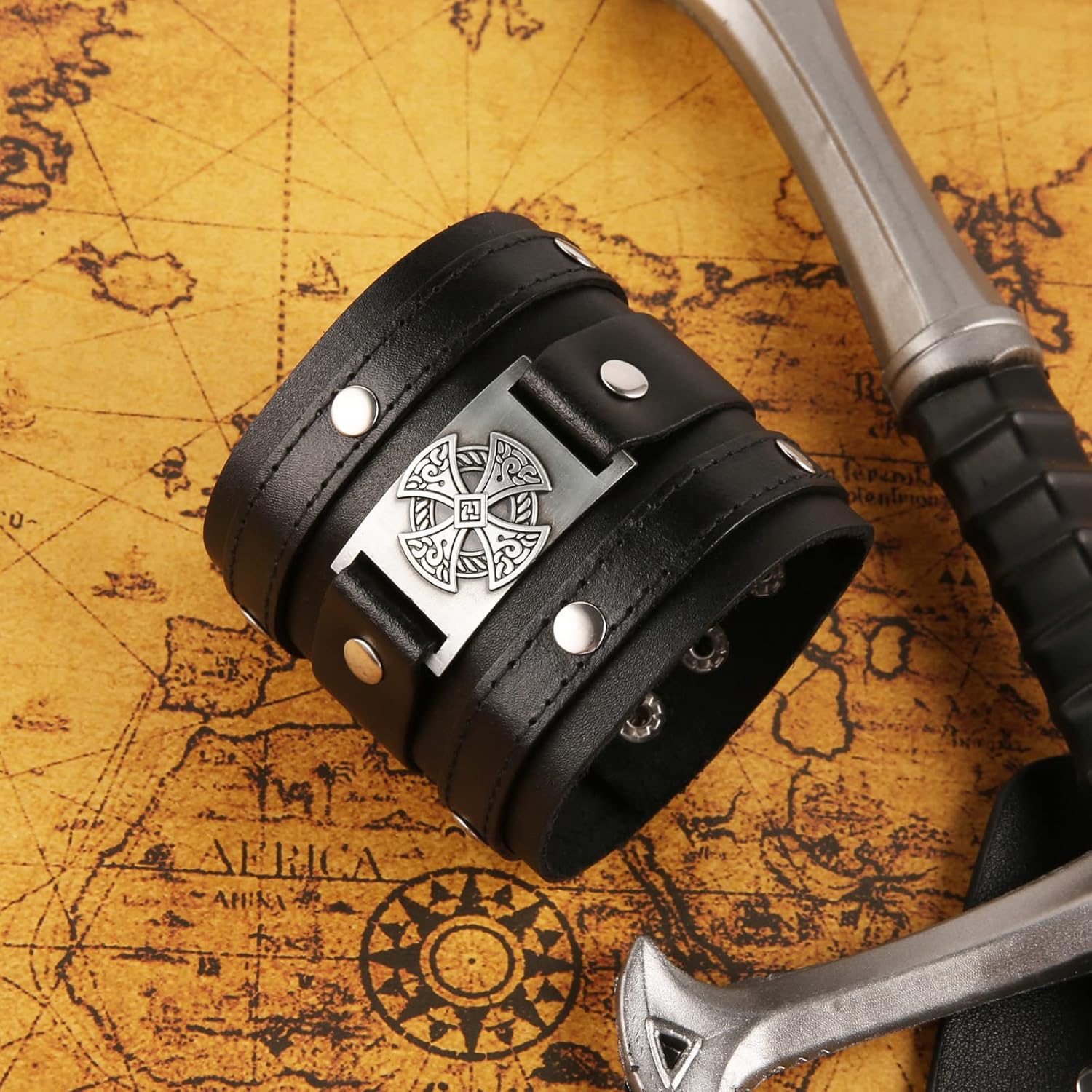 HZMAN Leather Bracelets for Men Viking Retro Wide Cuff Bracelet Black Leather Wristband Bracelet Jewelry Gift - Image 6