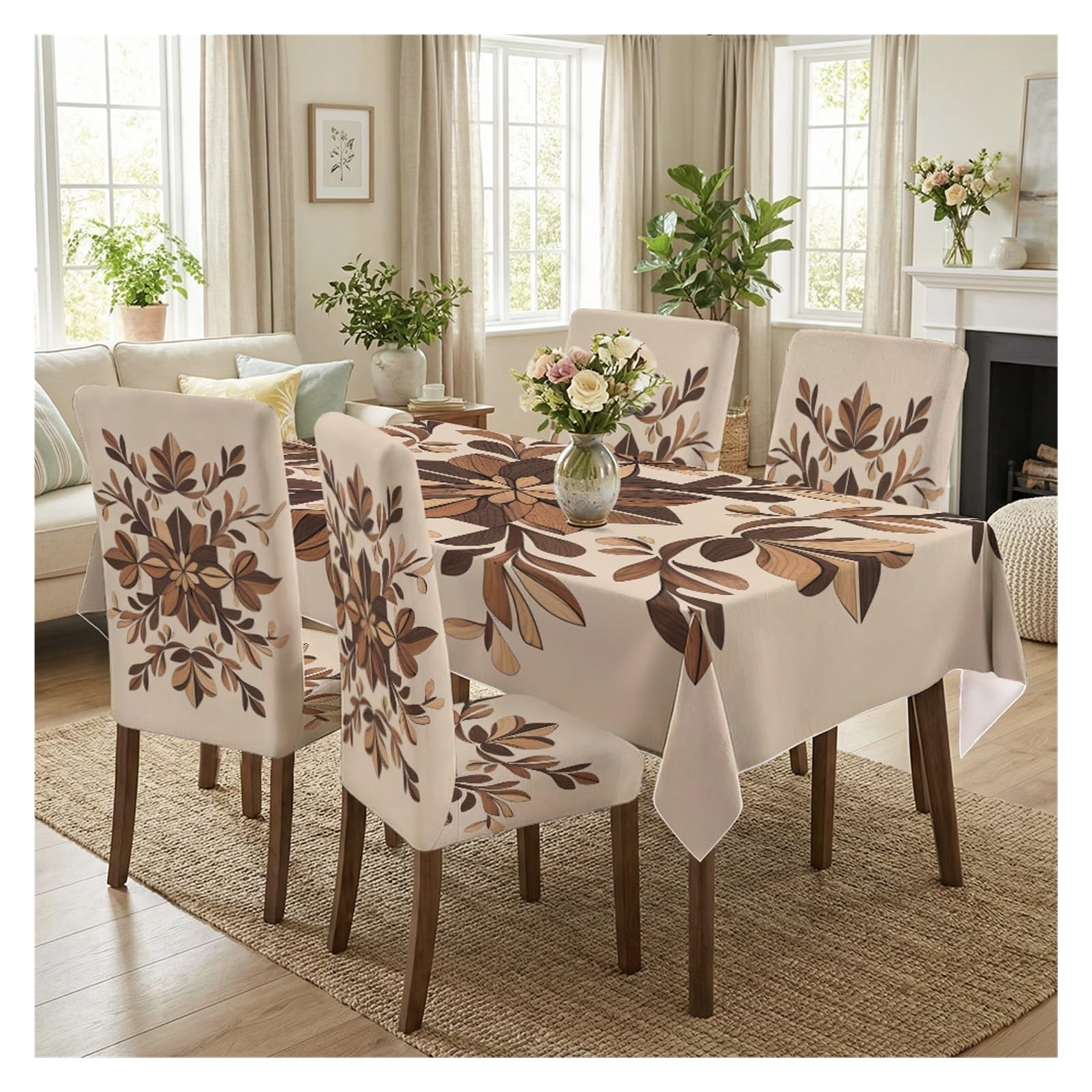 KXUAUV Retro Brown Leaf Print Tablecloth & Chair Covers Set, Slipcovers For Dining Room, Kitchen, Farmhouse & Casual Decor, 5/7 Pack Party Decor(5pcs Set: Tablecloth+Chair Covers)