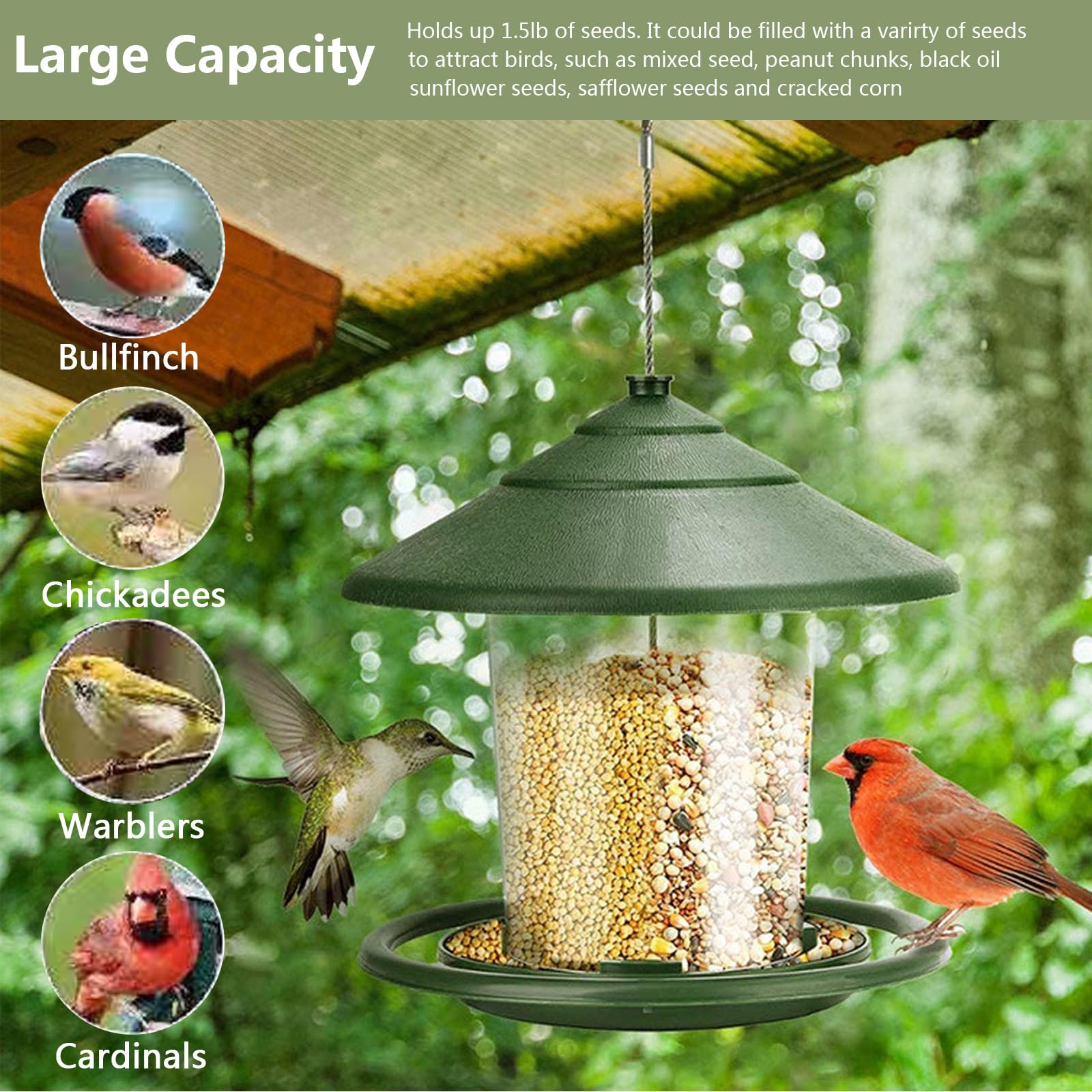 Comedero para Pájaros Salvajes Colgante Comedero Pájaros Exterior Transparente Resistente a Intemperie Comedero de Semillas Gran Capacidad Alimentación de Aves para Jardín y Balcón - 4