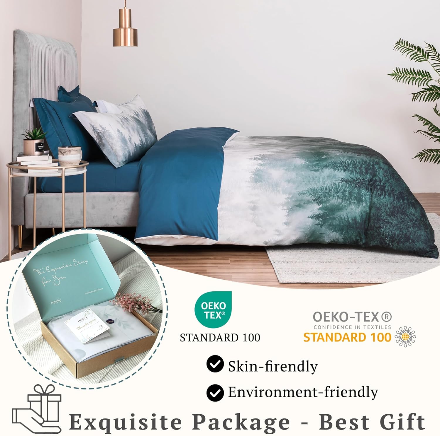 MILDLY 100% Long Staple Cotton Forest Duvet Cover Set Green Gradient Trees Mountains Pattern Comforter Cover Set - Image 6