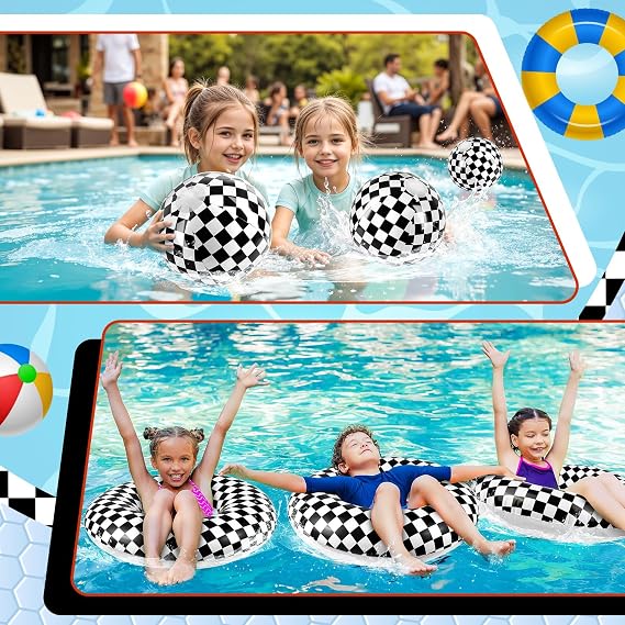 4 Pack Pool Floats - 2 Race Car Swim Tubes & 2 Beach Balls for Kid
