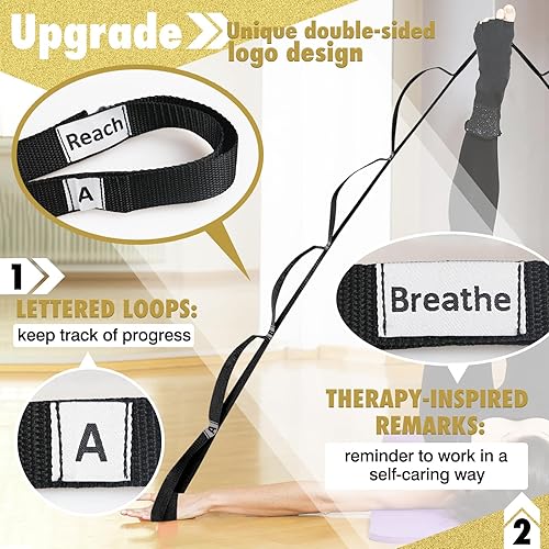 Miniatura 3 de Correa elástica para yoga, no elástica, con letras y comentarios, 10 bucles para terapia física, ejercicio, pilates, baile, gimnasia