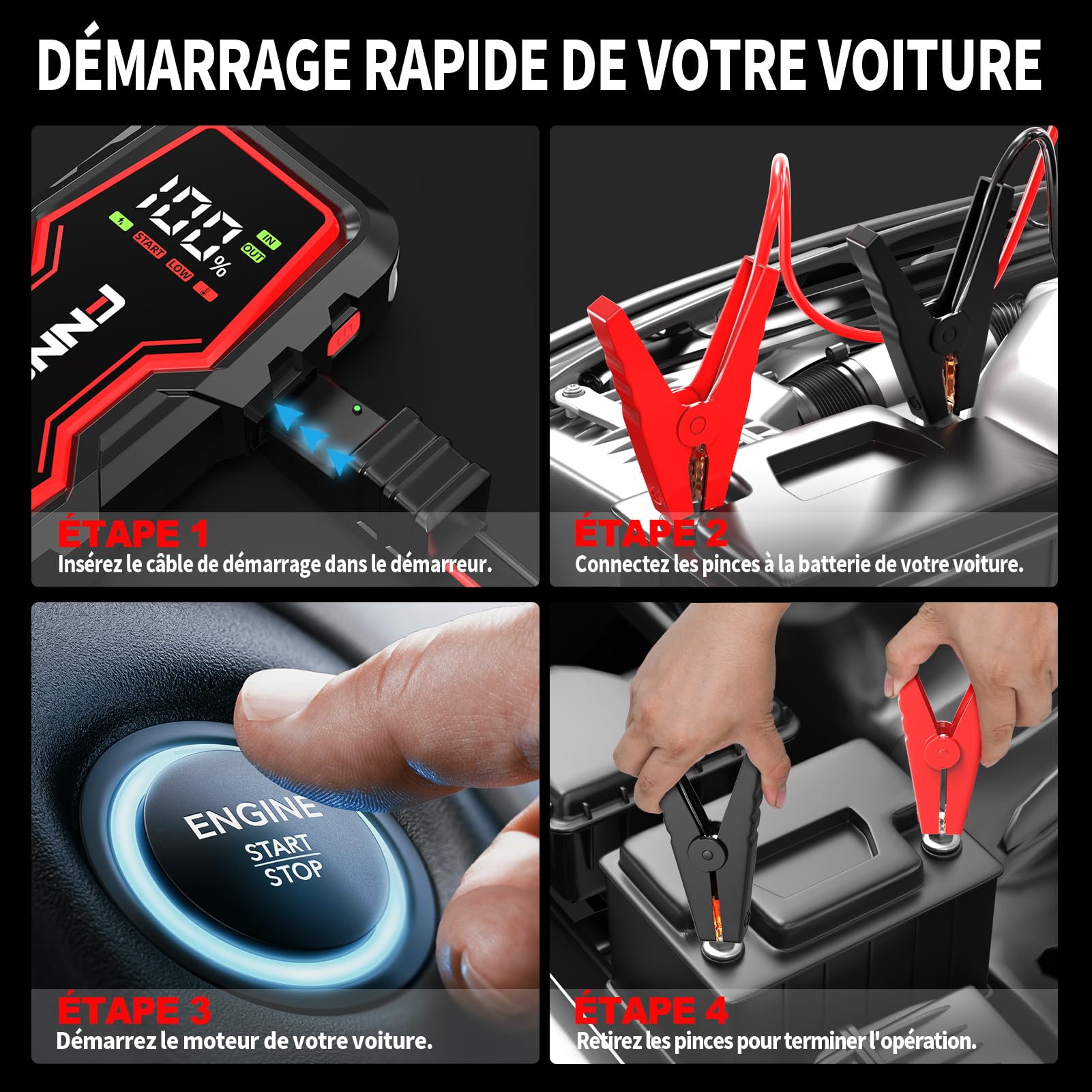 FNNEMGE Booster Batterie,6000A 22800mAh de Courant de Pointe, 12V Démarreur de jusqu'à Tout Le Essence et 8,0L Diesel, Jump Starter avec Port de Charge USB, lumière LED, HD Écran Large.