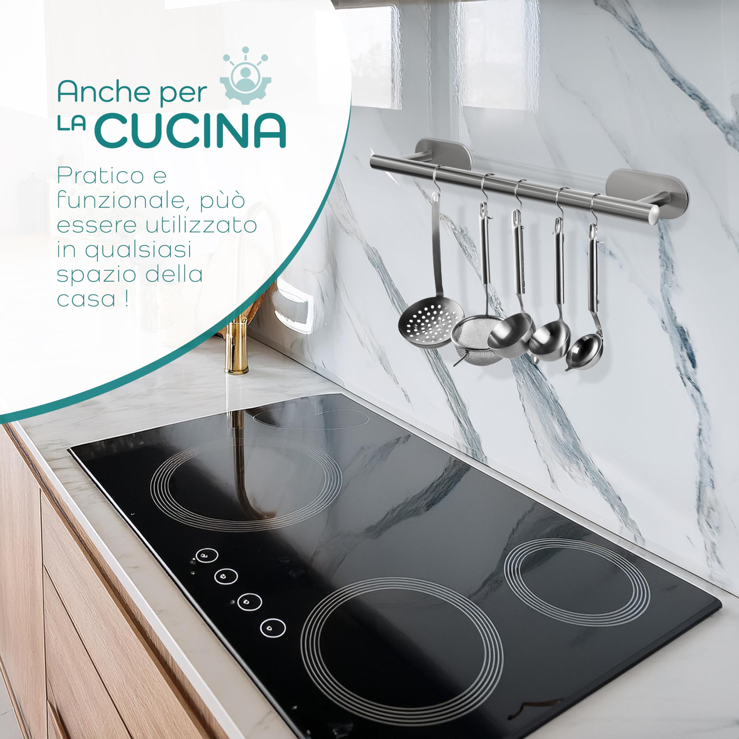 Porta Asciugamani Bagno in acciaio Inox Adesivo 40cm X 7,5cm - Appendi Asciugamani Bagno - Adesivo Extra Resistente
