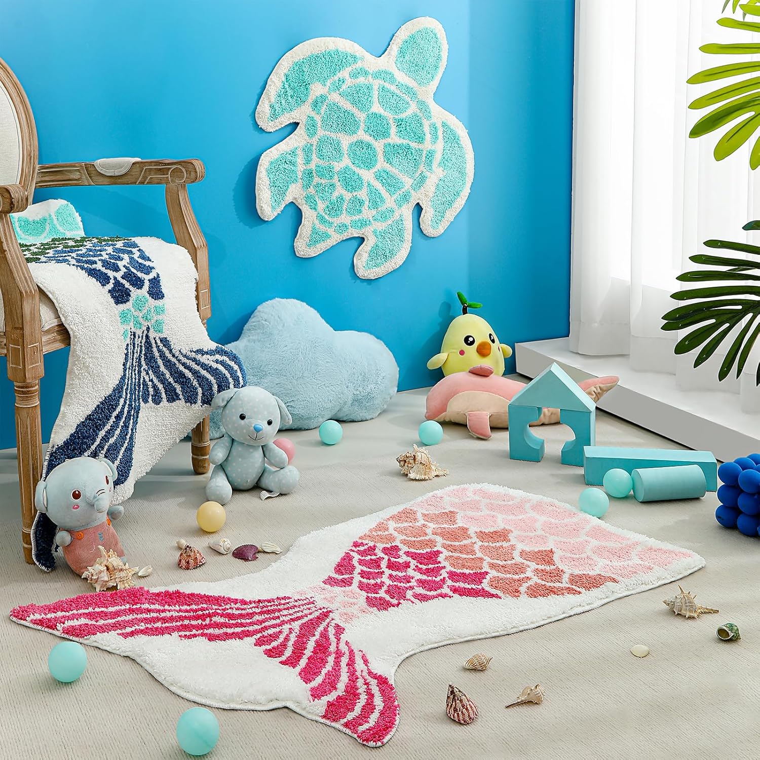 YRXRUS Mermaid Bathroom Rugs, Ocean Decor Bath Mat Gifts, Green Bathroom Rug, Cute Mermaid Scales Tail Shape Bath Rug for Summer Room Decor, Machine Washable & Non-Slip Bath Mat, 23x39 Inch