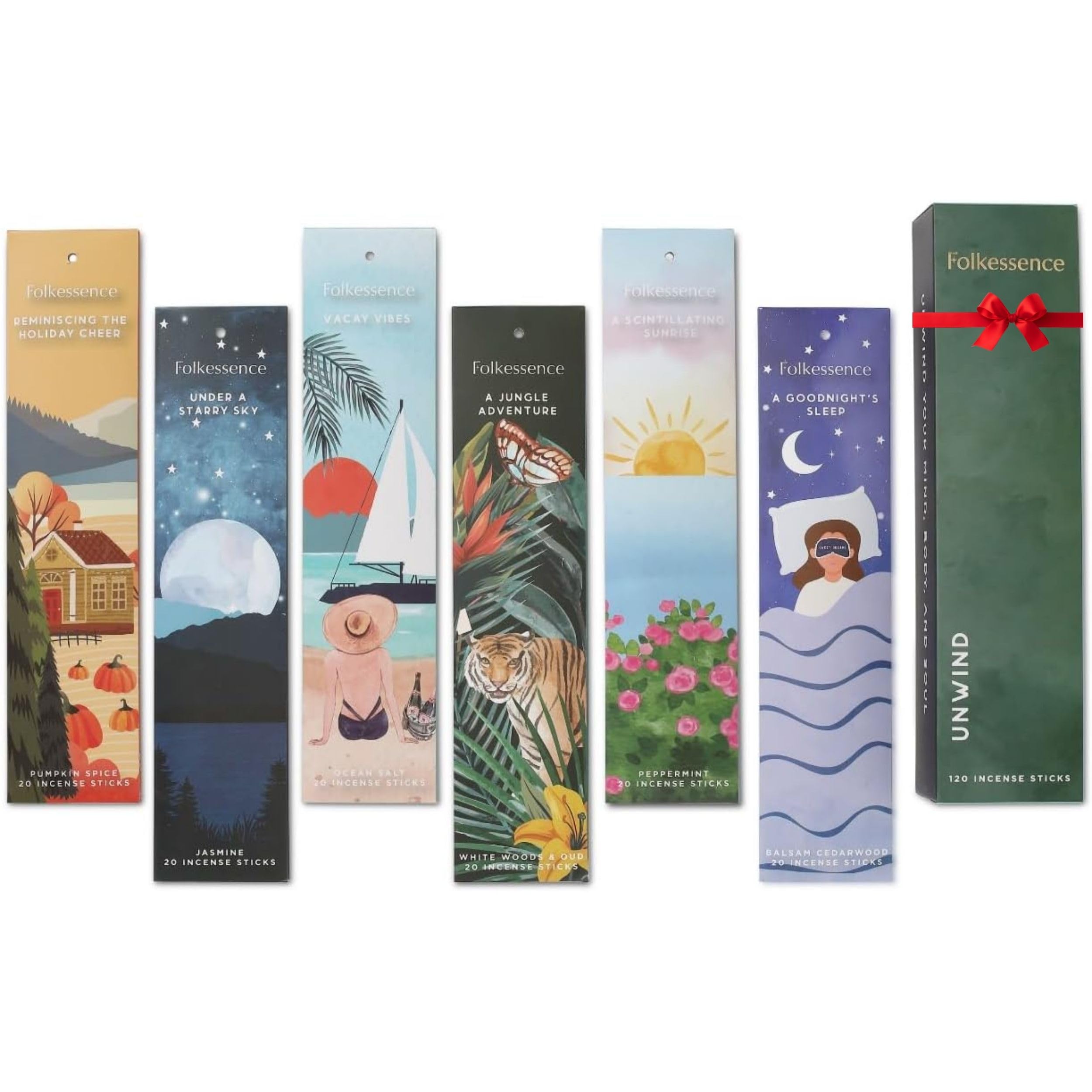Folkulture Incense Sticks, Set of 6-120 Sticks for Relaxation - Balsam Cedarwood, Jasmine, White Woods & Oud, Ocean Salt, Pumpkin Spice, Peppermint - Bakhoor Boho Farmhouse Gift Set (Unwind)