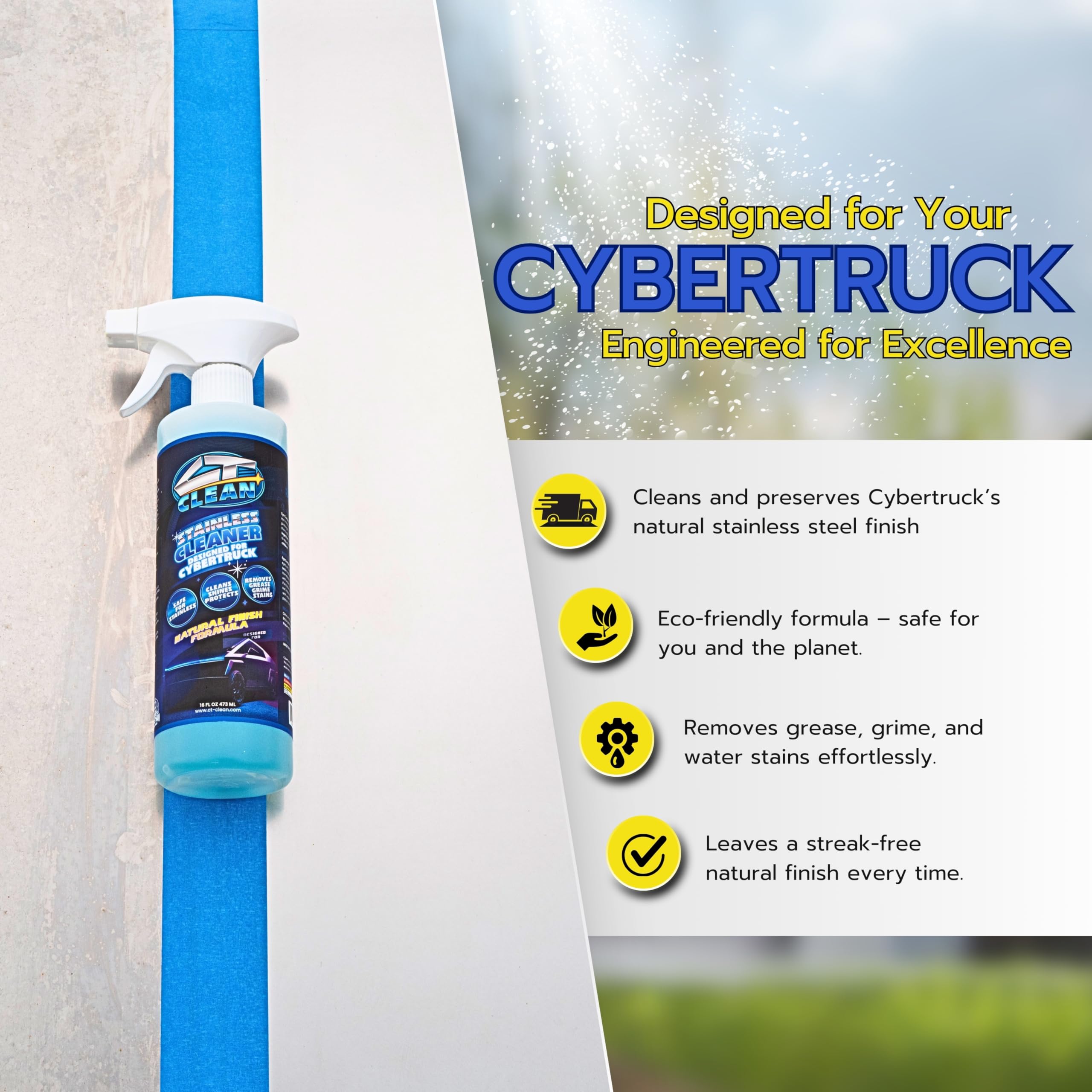 CT Clean Natural Finish Waterless Stainless Steel Cleaner & Wash for Tesla Cybertruck – Eco-Friendly Spray, Removes Grease & Fingerprints, Matte Protection (16 Fl. Oz.)