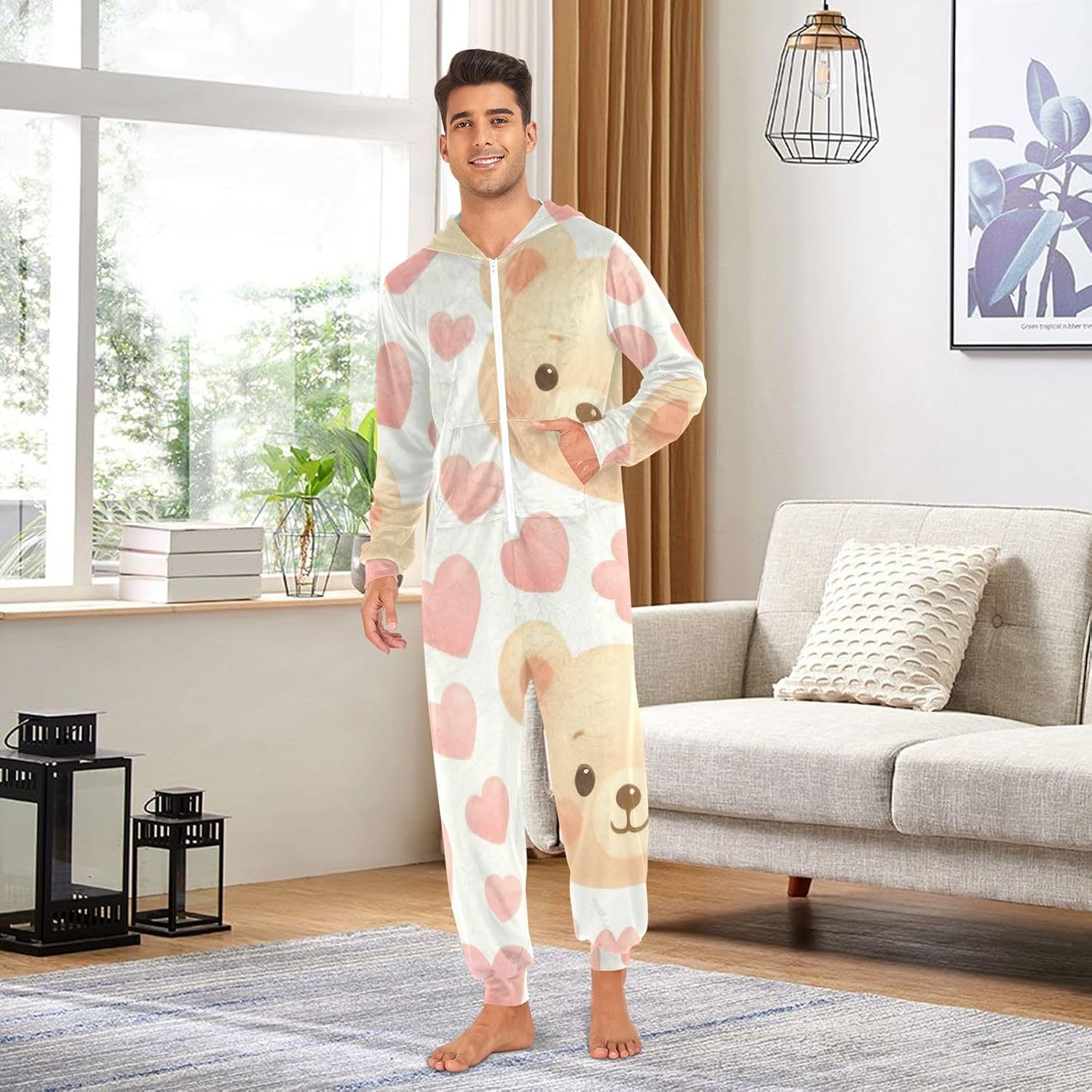 GAIREG Cute Pastel Teddy Bear Men Women One Piece Costume, Plush Adult Christmas Pajamas Onesie