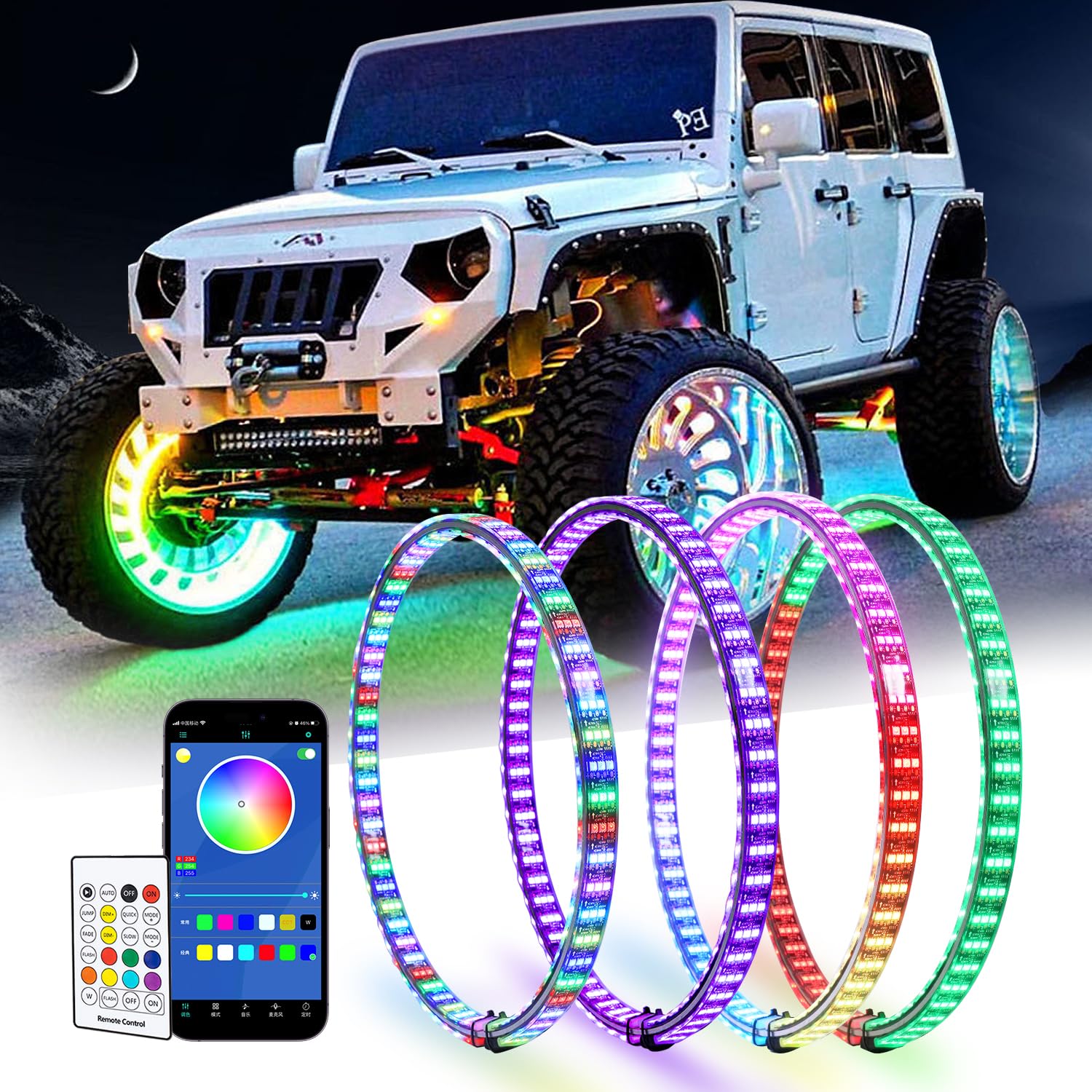 Nicoko 15.5in Color Chasing 6 Rows Wheel Ring Lights, Multicolor Tire Wheel Rim Light with Remote/APP Control IP67 Waterproof Ring Light for Truck Off-Road ATV SUV Pickup