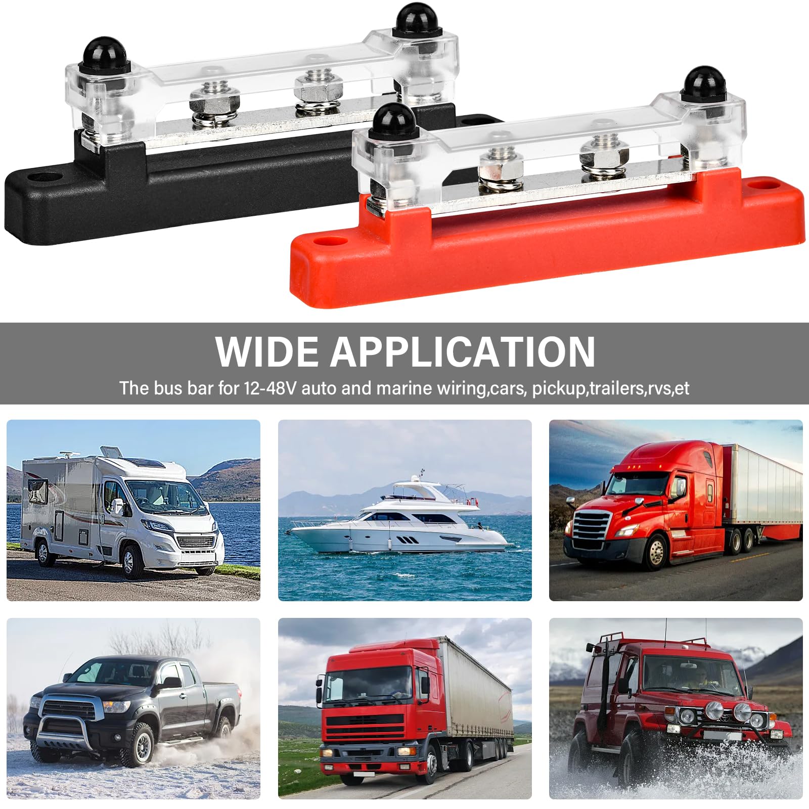 2 Pièces Bloc de Distribution D'alimentation 12V-48V DC BusBar 150A 4 x M6 Boulons de Borne pour Navires/Yachts/Camping Cars(Rouge/Noir)
