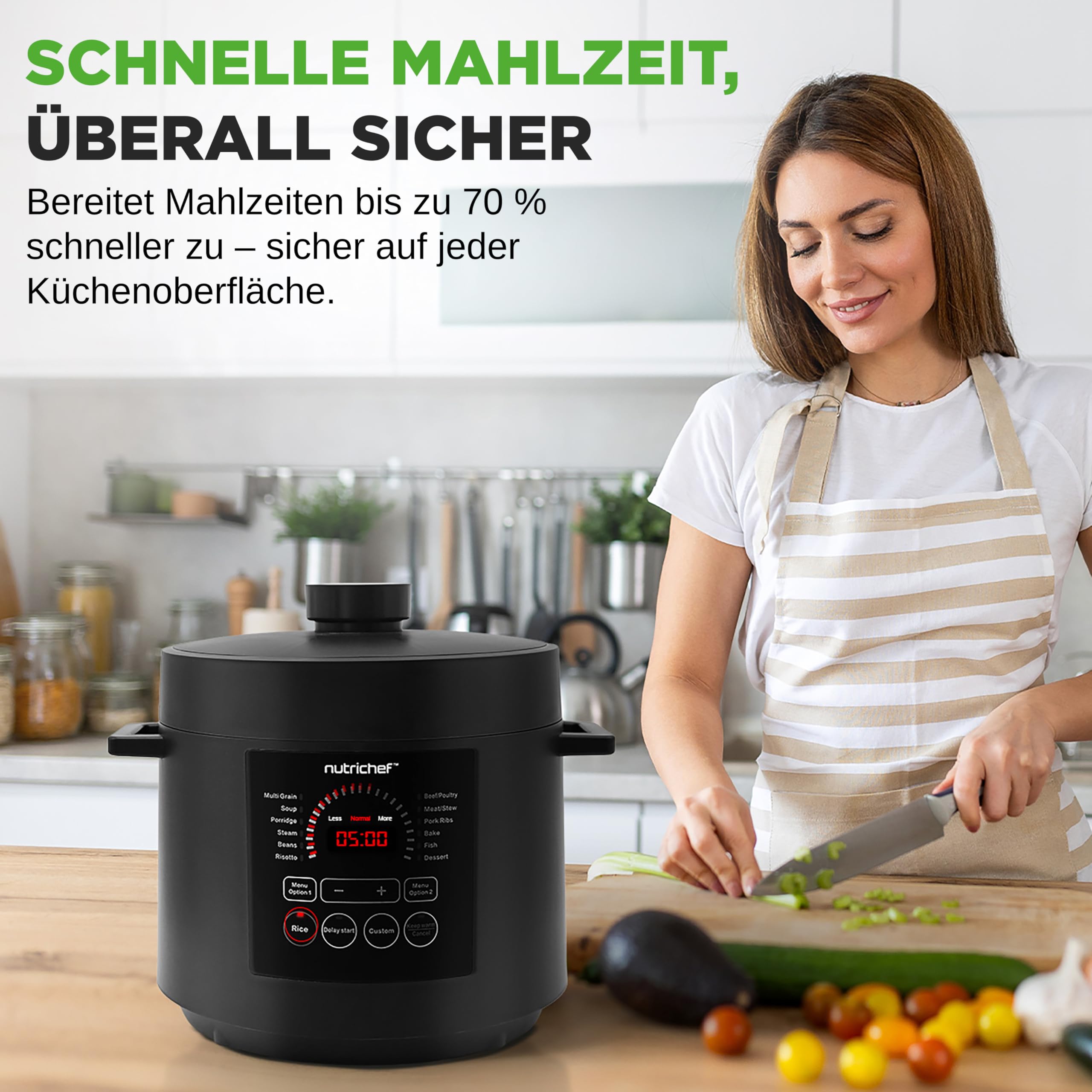 NutriChef Multikocher 5,7 L Elektrischer Schnellkochtopf, 9 Programme, Digitaler Druckkocher, Reiskocher & Dampfgarer, Schwarz