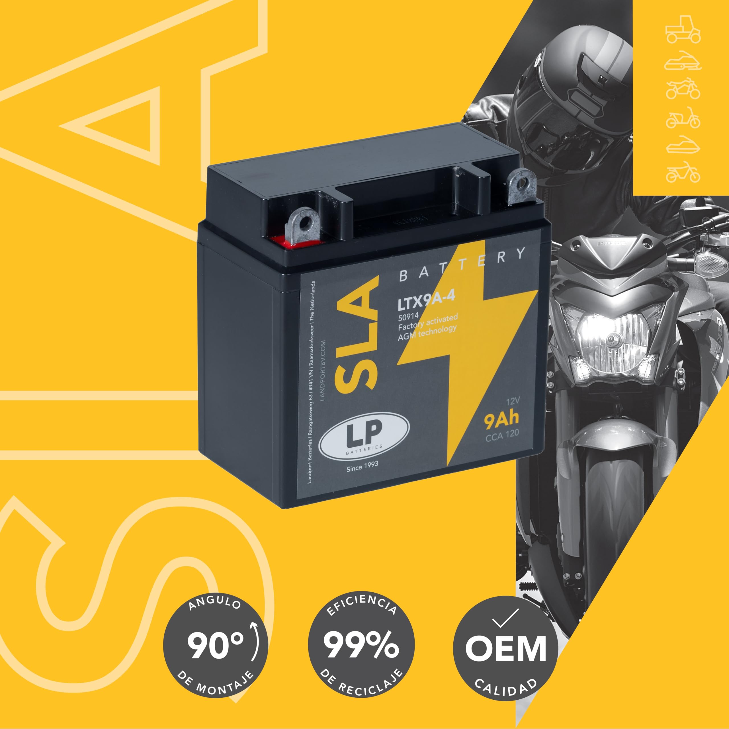 LANDPORT Batterie LTX9A-4 12V 9Ah 135x75x138mm kompatibel für Aprilia RS 125, Piaggio Fly 125, Vespa LX 50