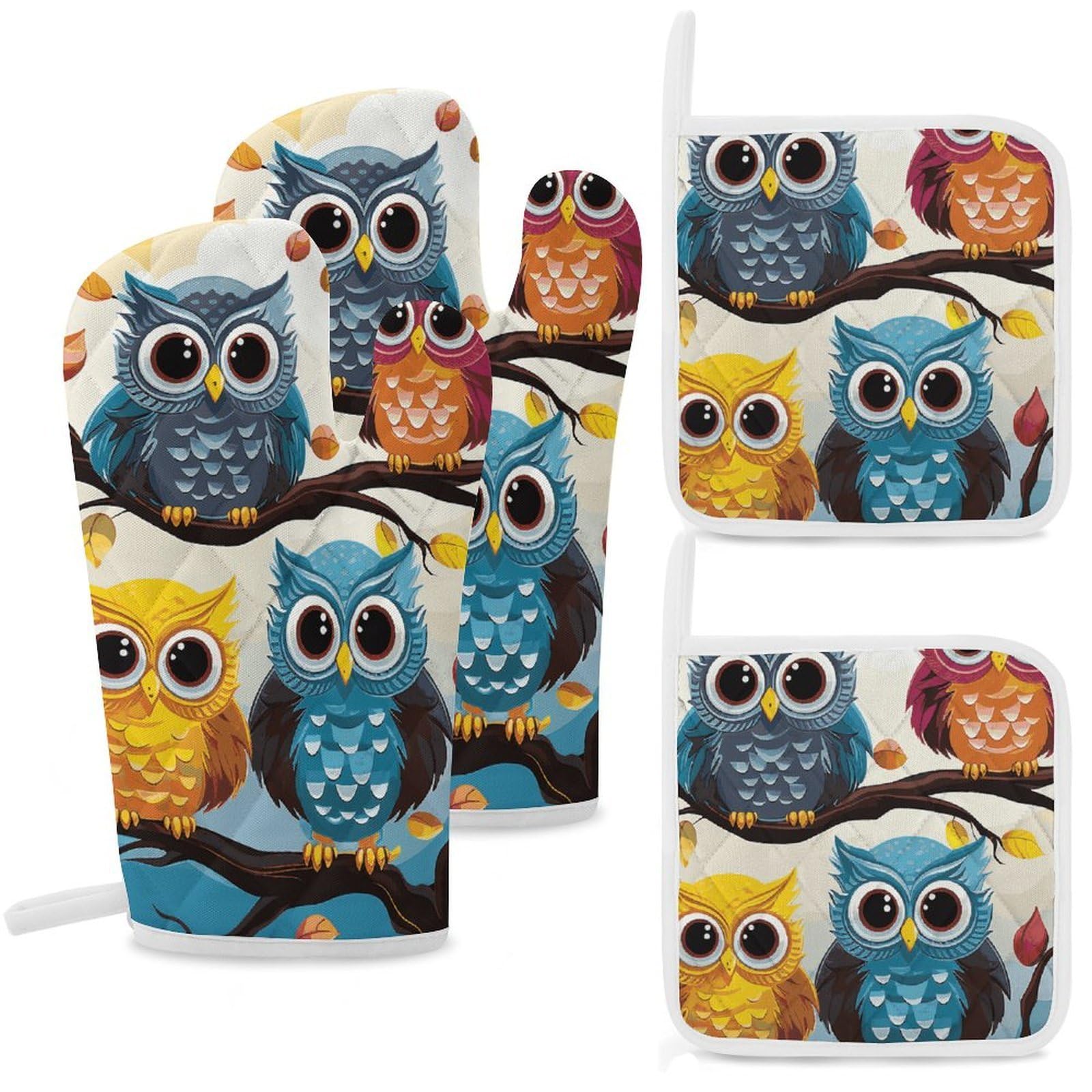 Owls on Tree Branches Oven Mitts and Pot Holders Sets Heat Resistant Oven Glove with Hanging Loop for Baking Cooking BBQ Thicken Potholders for Kitchen