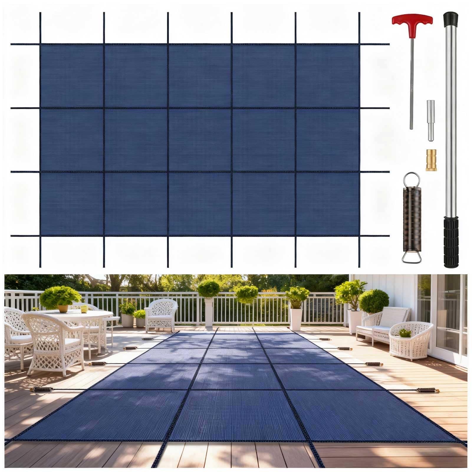 Esta Cubierta de Seguridad Rectangular para Piscinas enterradas, Cubierta de Invierno de Malla Resistente, Incluye Herramientas de instalación para Piscinas enterradas.