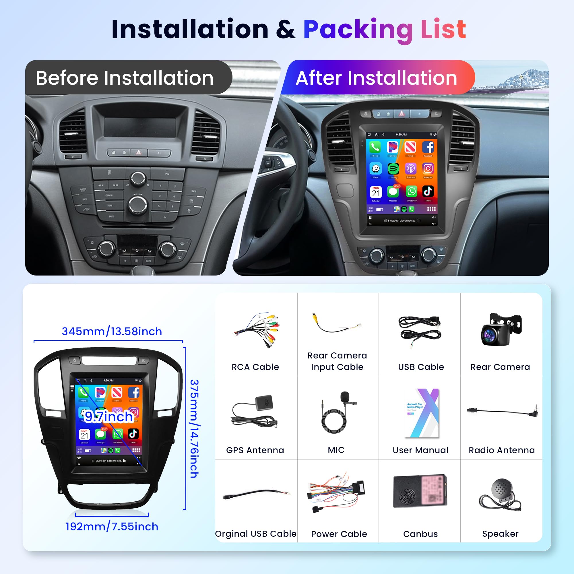 6G+128G 8 Core Wireless Carplay Android Autoradio per Opel Insignia Buick Regal 2009-2013 9.7 Pollici Autoradio con Android Auto GPS Navi WiFi Mirror Link Bluetooth FM/RDS/DSP Telecamera Posteriore