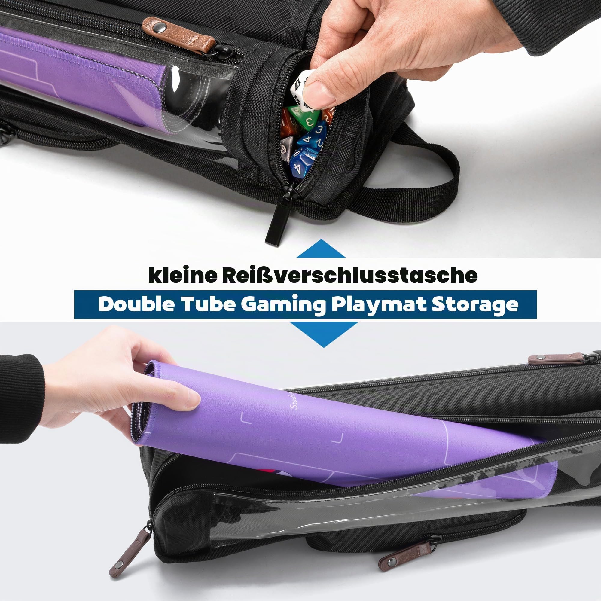 Rexmica Playmat Tube Case für 2 Stück, B 35,6 x L 61 cm, Spielmatte, Aufbewahrungsbehälter mit Stützscheibe, Würfelhalter und Schultergurt für TCG MTG Playmat