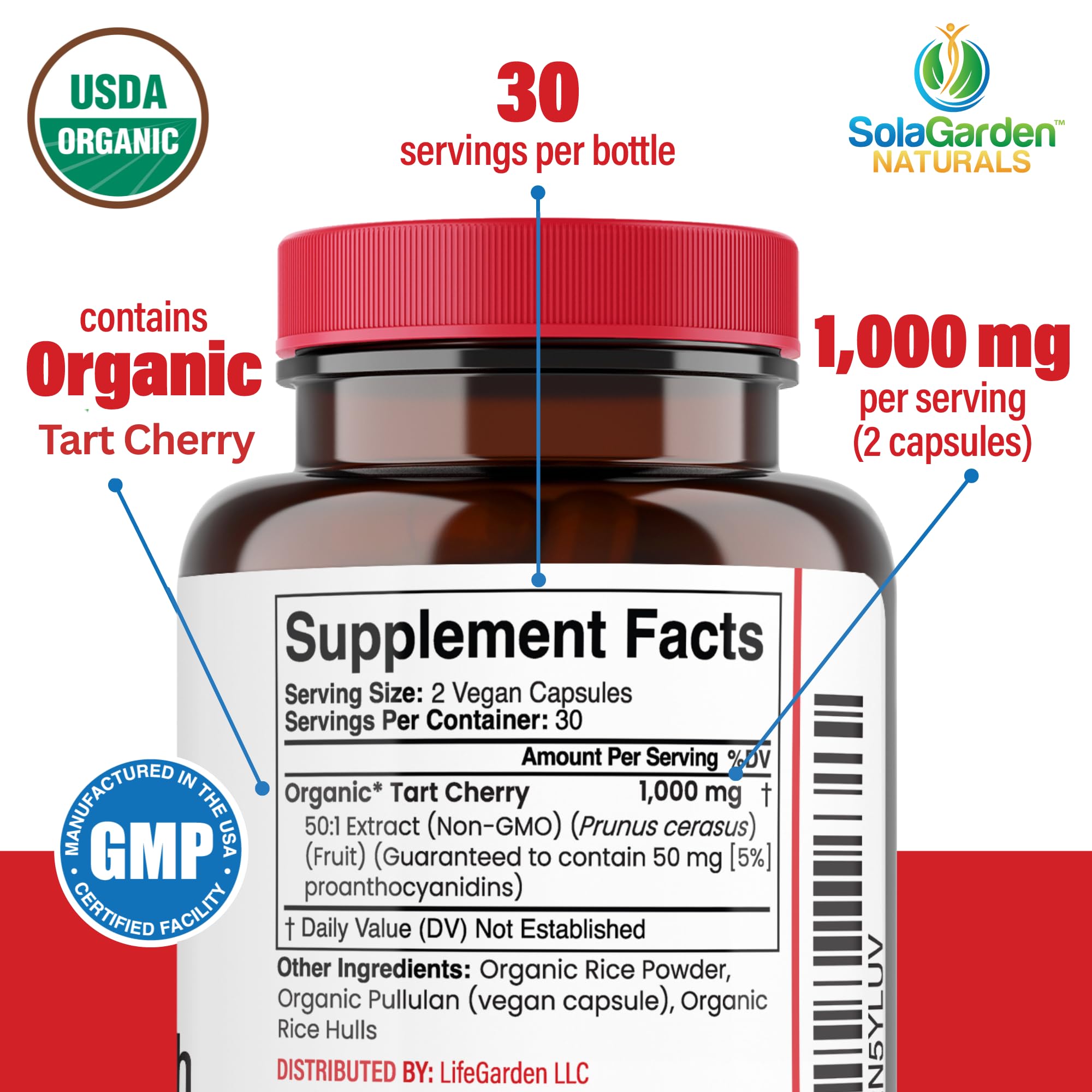 USDA Organic Super Strength Tart Cherry Supplement, 50:1 Extract of Non-GMO Organic Cherries, by SolaGarden Naturals, 60 Non-GMO Vegan Capsules, Supports Normal Uric Acid, Made in USA — Amazon image 3