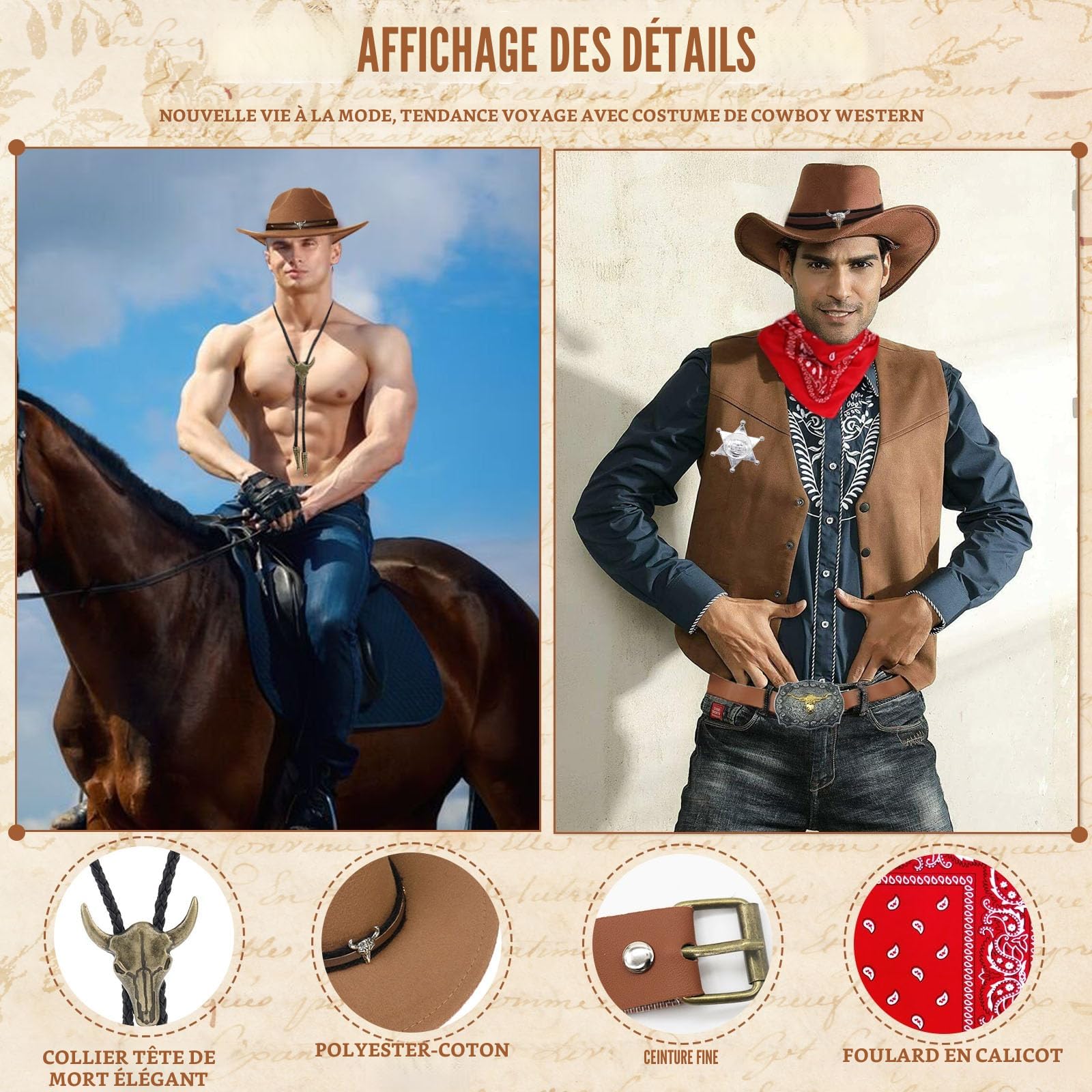 8 Pièces Cowboy Costume Accessoires Set, Marron Cowboy Fancy Dress Kit avec Chapeau Bandana Insigne Ceinture Collier Vintage pour Adulte Hippie Carnaval Cosplay (Marron)