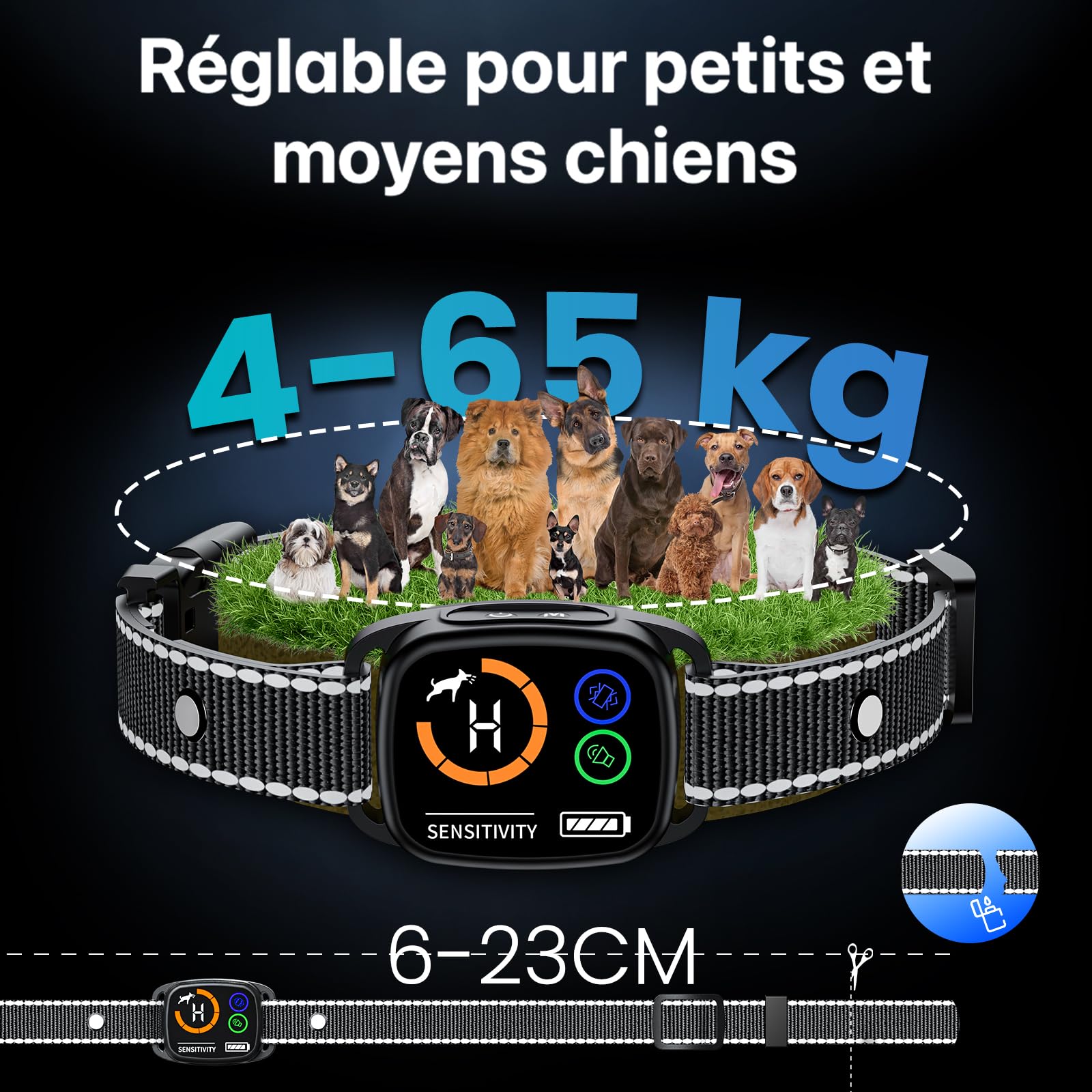 Collier Anti Aboiement Chiens,Modes Son/Vibration/Vibration Forte, Détection Intelligente des Aboiements, Rechargeable, Étanche IP67, pour Petit et Gros Chien (Black)