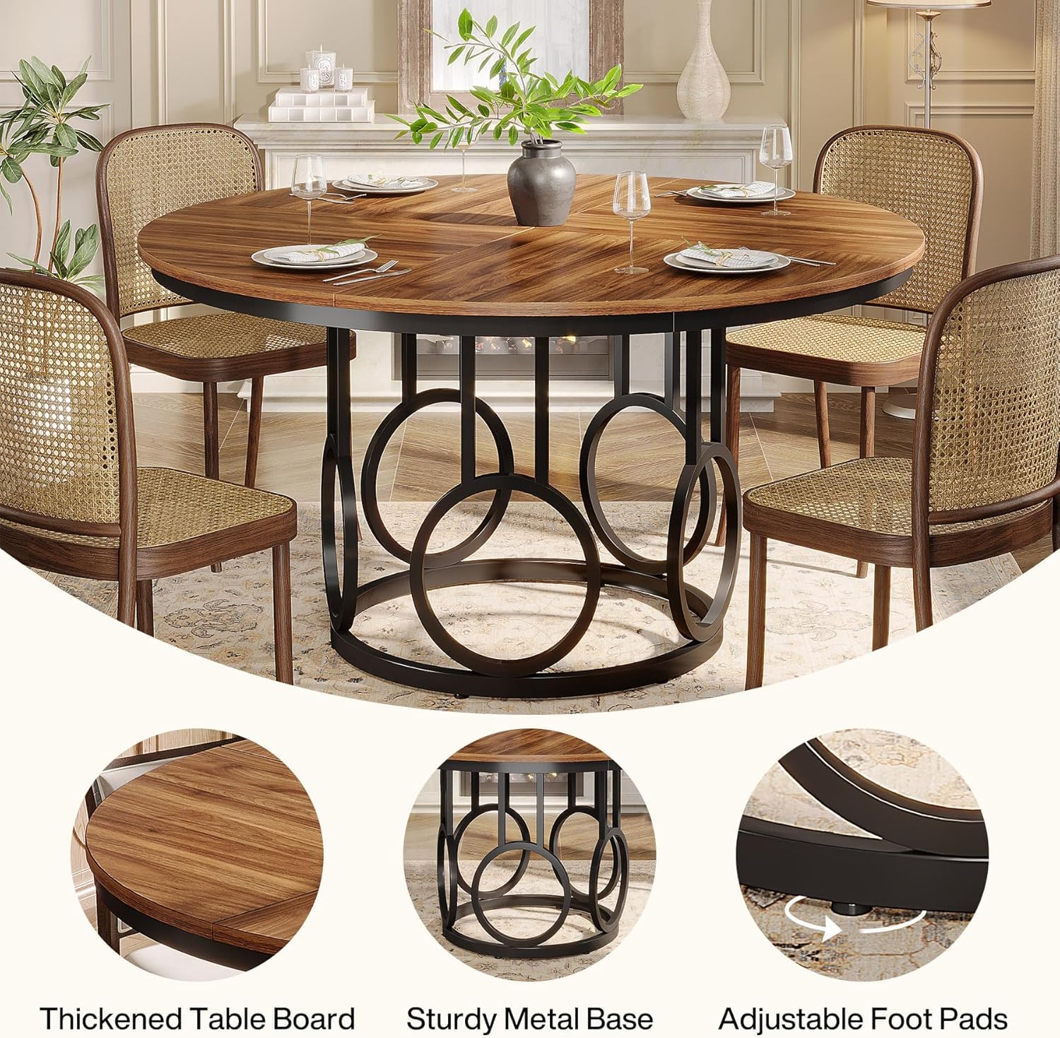 Lailang 120cm Mesa Comedor, Mesa Cocina Redonda, Mesa de Jantar Redonda, Muebles Rusticos, Mesa Redonda para 4 Personas, Mesa Comedor 120, 120 x 120 x 75 cm, Brown & Black