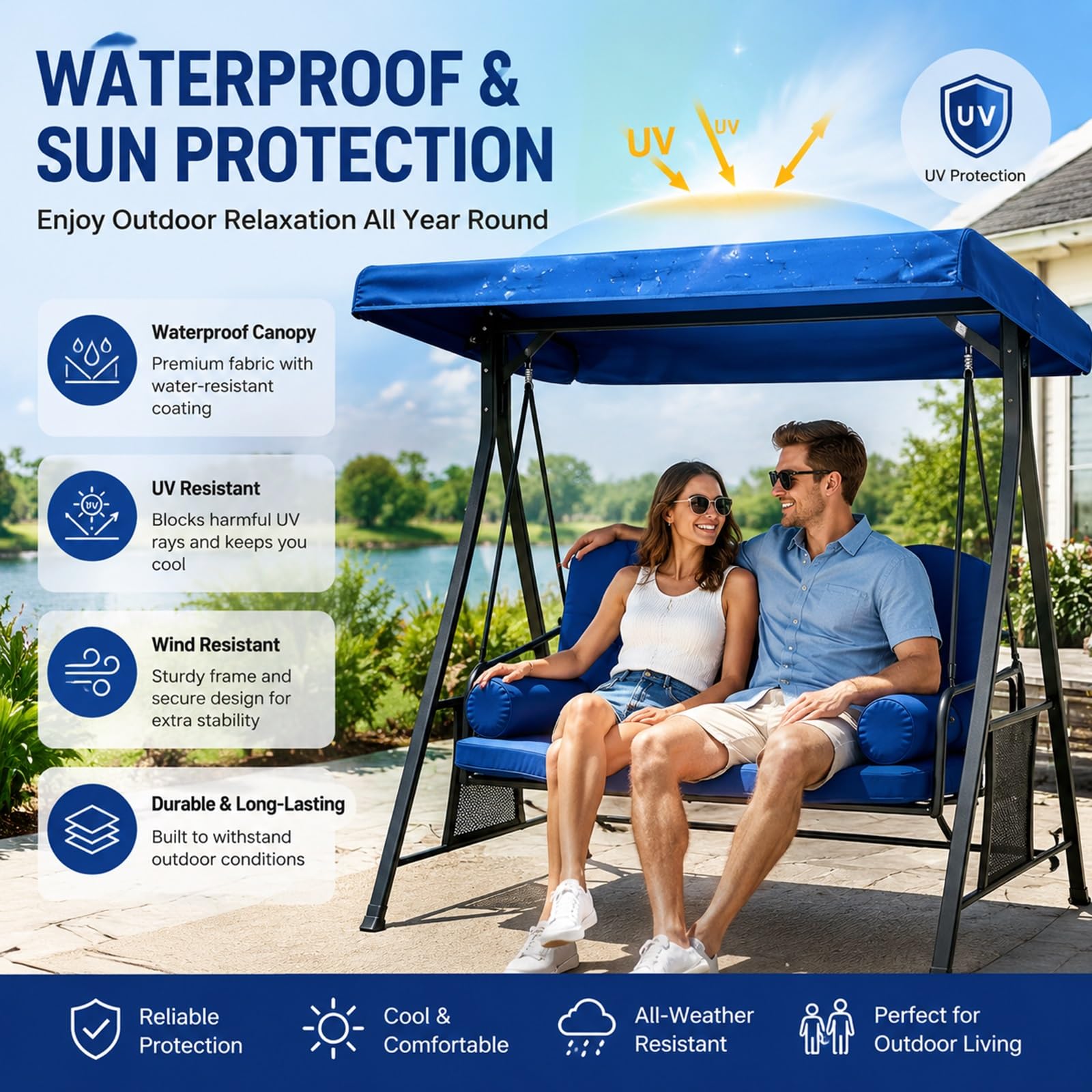 Tettuccio di Ricambio per Dondolo 3 Posti Impermeabile | Tessuto poliestere 600D 250g/m², resistente agli strappi, più taglie disponibili, 1 pezzo(Blue,75.20*47.24*8.66*6.69in)
