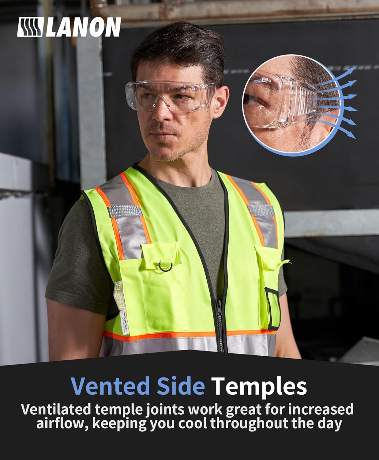 LANON 3 Pack Safety Glasses Over Eyeglasses,ANSI Z87.1 Standard,Anti-Fog & Scratch,Peripheral Protection, High Transmission,Anti-UV,Wrap Around Clear Safety Goggles - Image 5