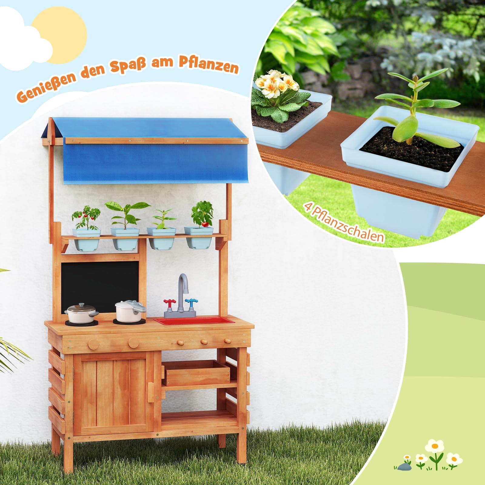 COSTWAY Matschküche Kinder Outdoor, Kinderküche Holz mit Sonnendach & Tafel & Pflanzbechern & Schaufeln, Spielküche mit Herd Spüle Schublade, Gartenküche Outdoor Küche für Kinder ab 3 Jahren