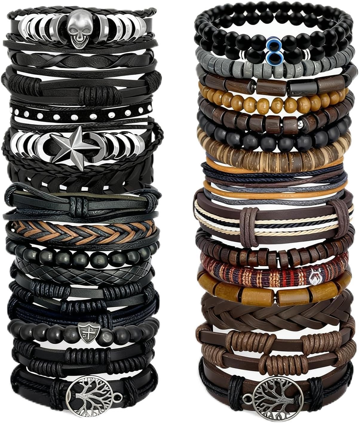 31Pcs Braided Leather Bracelets for Men Women Punk Wrap Cuff Bracelets Hemp Cords Wood Beads Ethnic Tribal Handmade Wrap Wristband Gothic Evil Eye Bracelets Set Adjustable Skull Skeleton Accessories