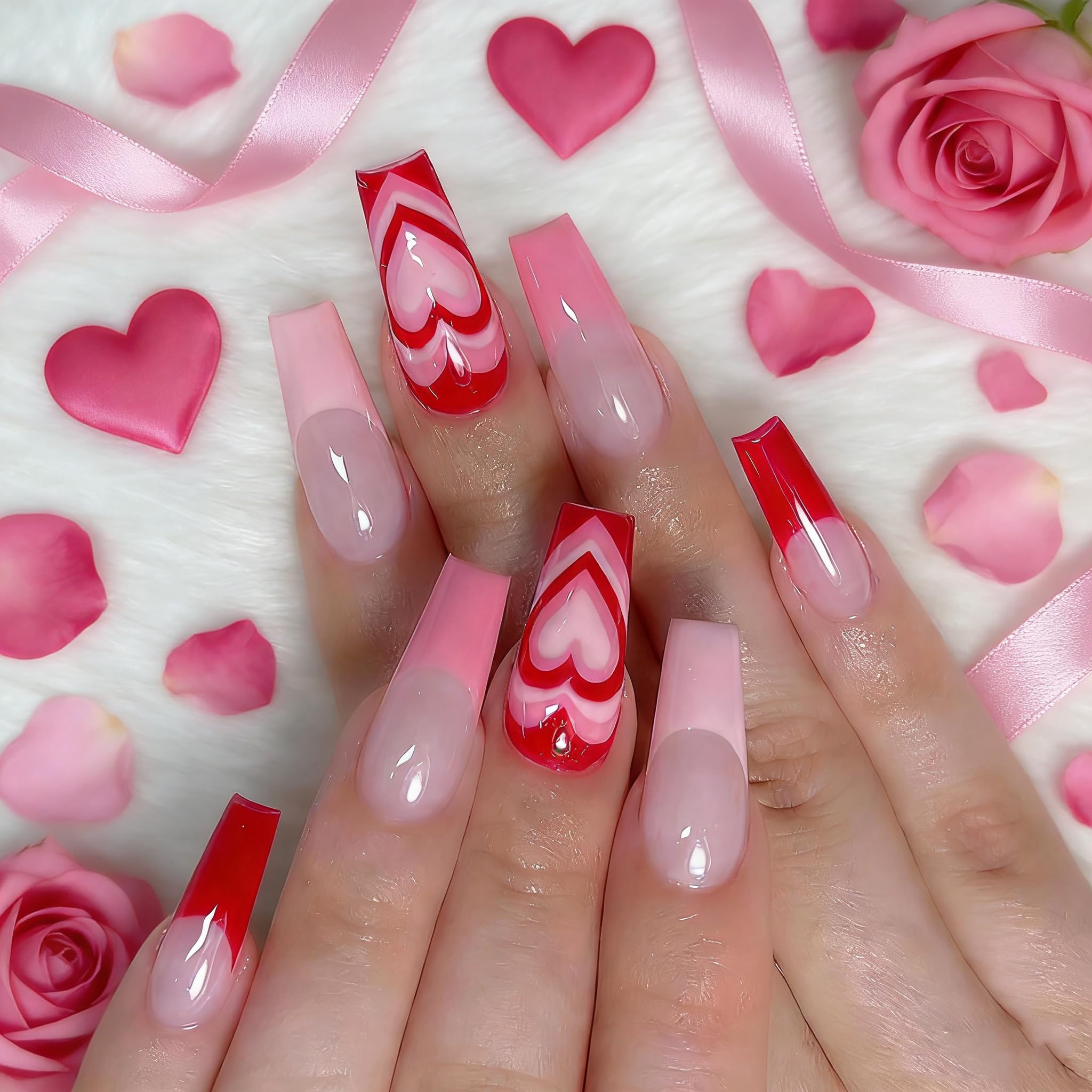 BABALAL Valentines Press on Nails - Medium Coffin Fake Nails, Pink Heart French Acrylic, 24pcs Swirl False Nails Glossy Design