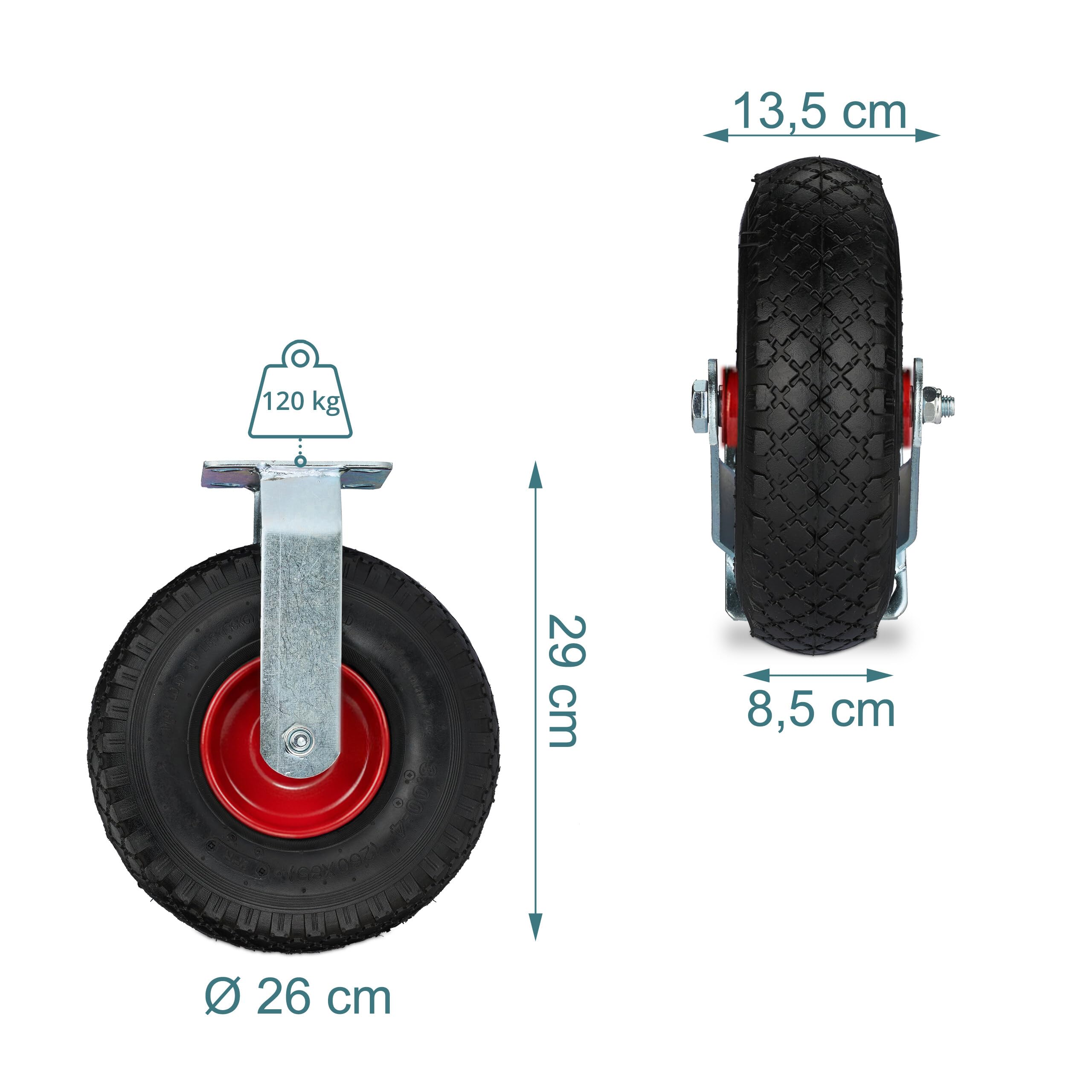 Relaxdays Set 4 Ruote Fisse e Girevoli 3.00-4, Rotelle per Mobili e per Carichi di Portata 120 kg, Piastra di Fissaggio