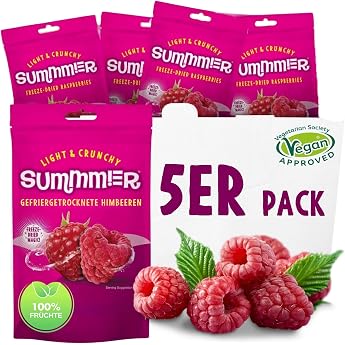Summmer Freeze-Dried Raspberries - Pack of 5 - No Sugar 100% Natural Crispy Whole Fruits Perfect for Snacks Cereals & Smoothies 55 g