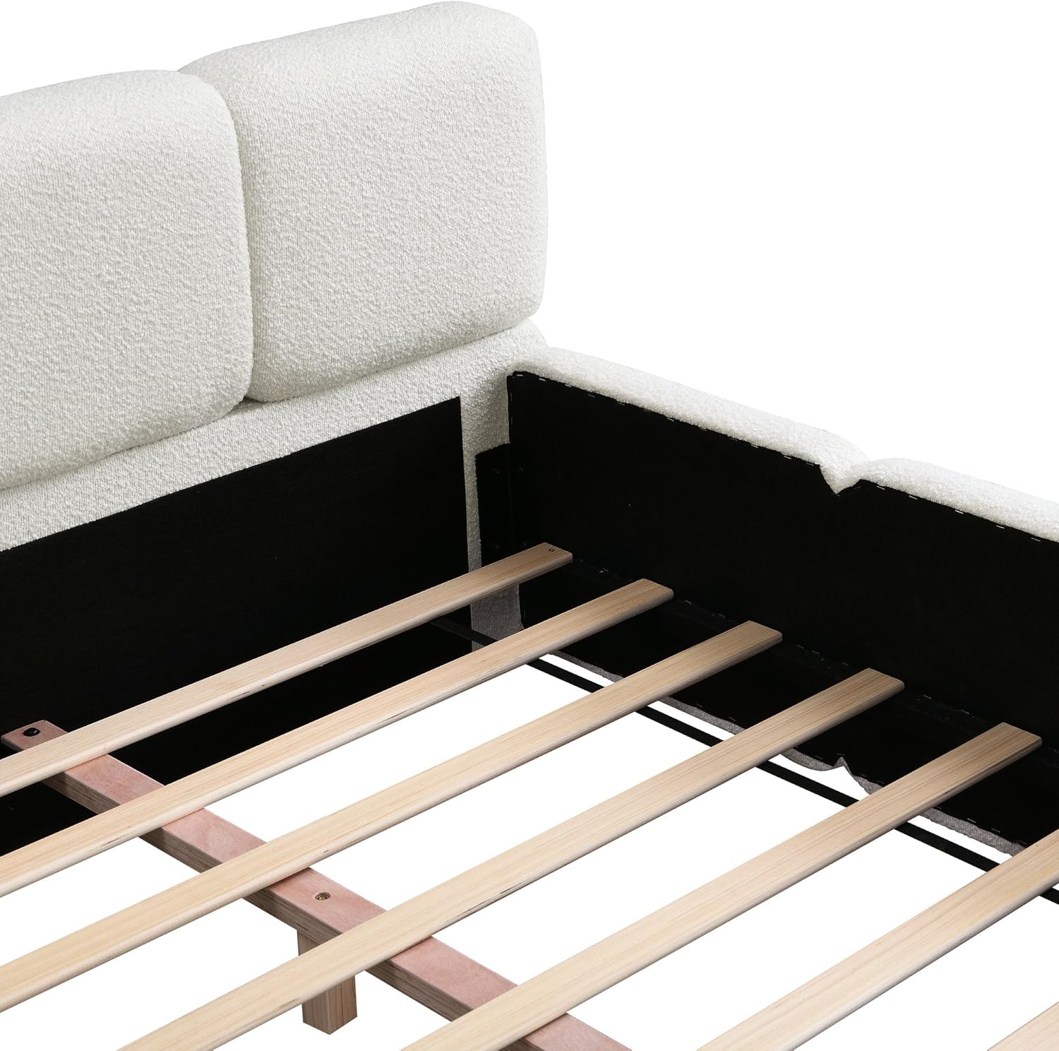 King Size Upholstered Platform Bed, Boucle Floor Bed with Thick Headboard and Footboard, Block Style Grounded Bed Frame for Bedroom, No Box Spring Needed, White