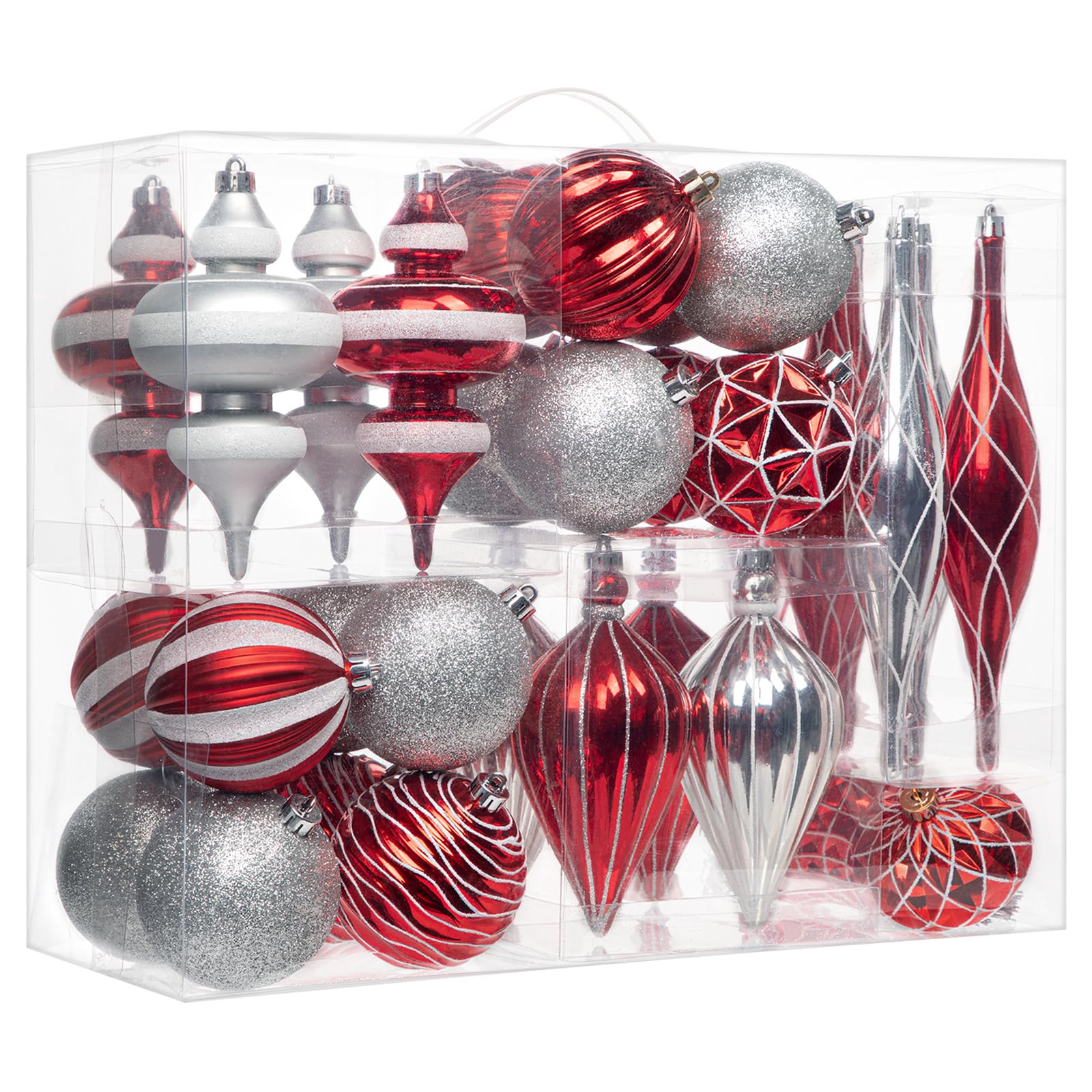 Hollyone Lot de 32 boules de Noël incassables en plastique - Différentes boules de Noël - Ornements à suspendre pour sapin de Noël, vacances, fêtes, décoration d'intérieur - Rouge et argenté