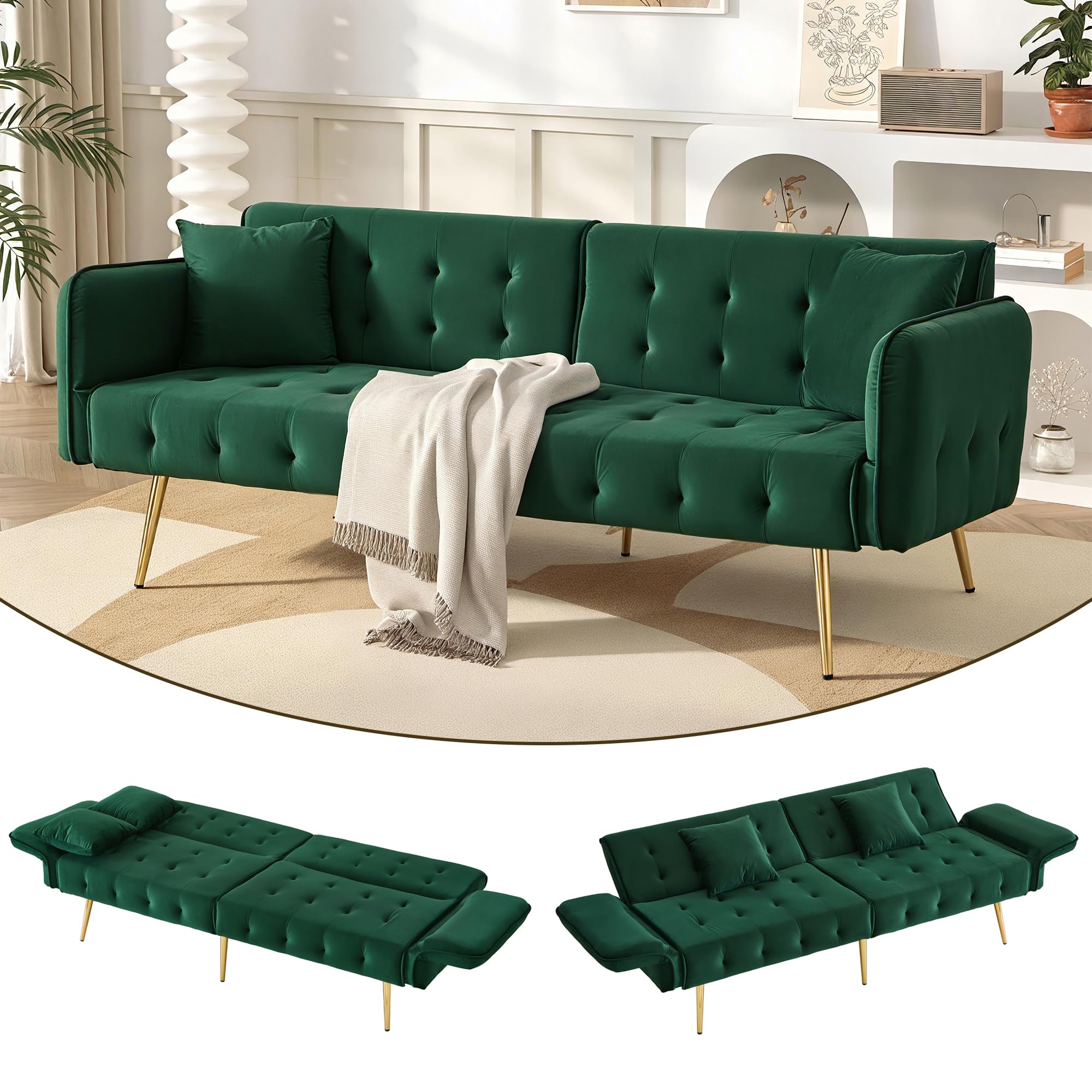 Merax Sofa Bed 2 Seater, Folding Sofa Bed Couch with Sleeping Function, Convertible Sofabed Settee with 2 Bolster Pillows, Adjustable Backrest&Armrests, 178 * 82 * 70cm, Green/Velvet — image 1