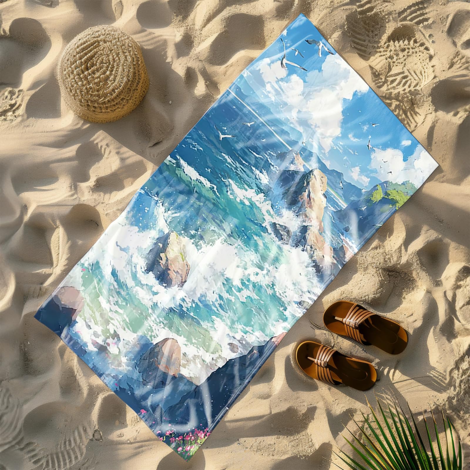 Tapis de Plage XXL Anti Sable Plage Seagull Bleu Serviette Piscine Adulte,Natte De Plage Pliable, Voyage Accessoires De Plage Camping,Serviette de Bain Personnalisée