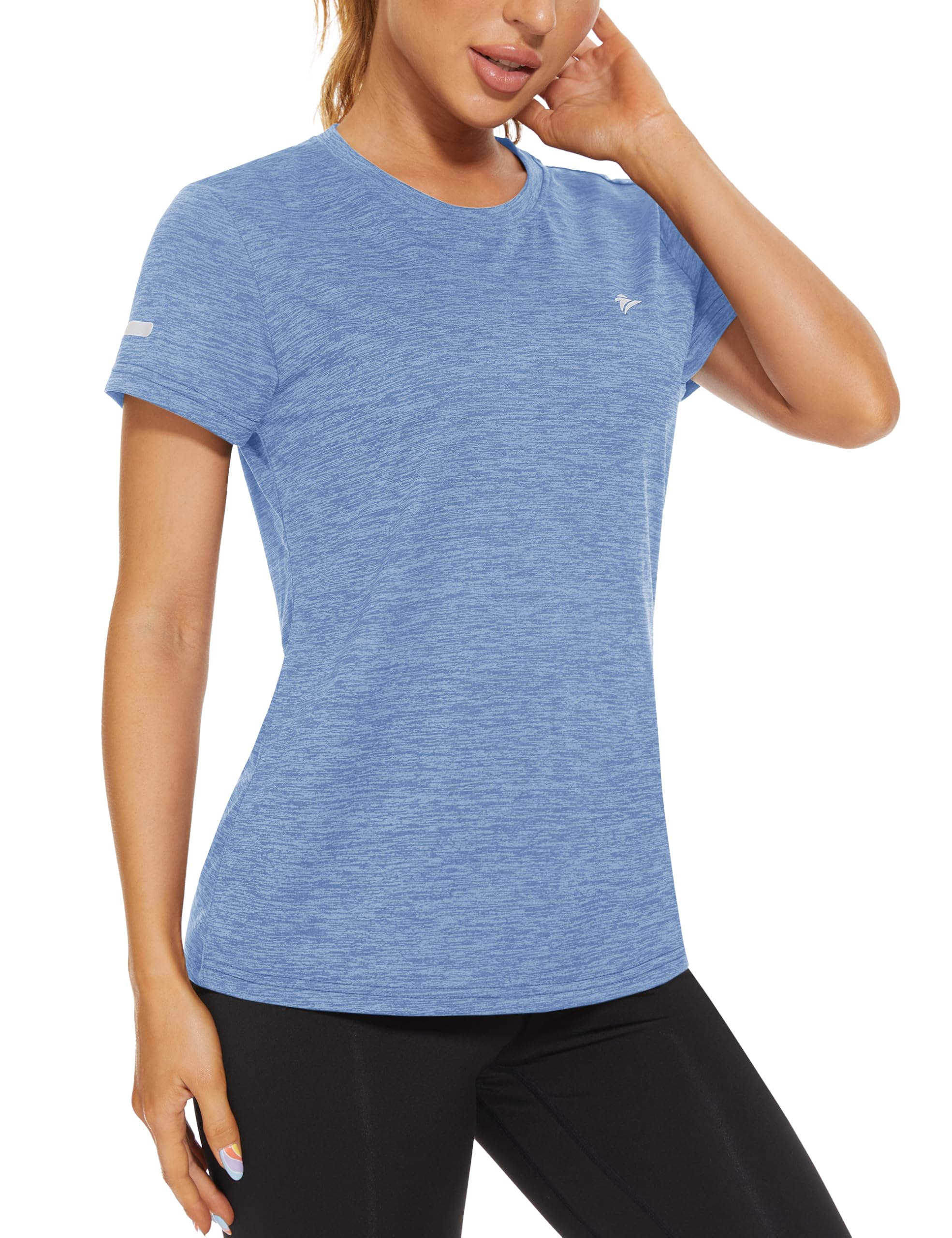 TACVASEN Damen Meliert Sport T-Shirt Laufshirt Kurzarm Sportshirt Rundhals Shirt Sommer Leicht mit Reflexstreifen