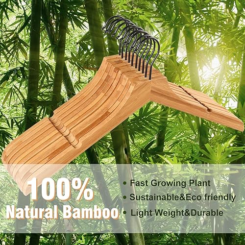 Miniatura 5 de TOPIA HANGER Perchas de madera de bambú, perchas para ropa con gancho negro giratorio y nudos de corte suave, juego de 12 perchas de madera