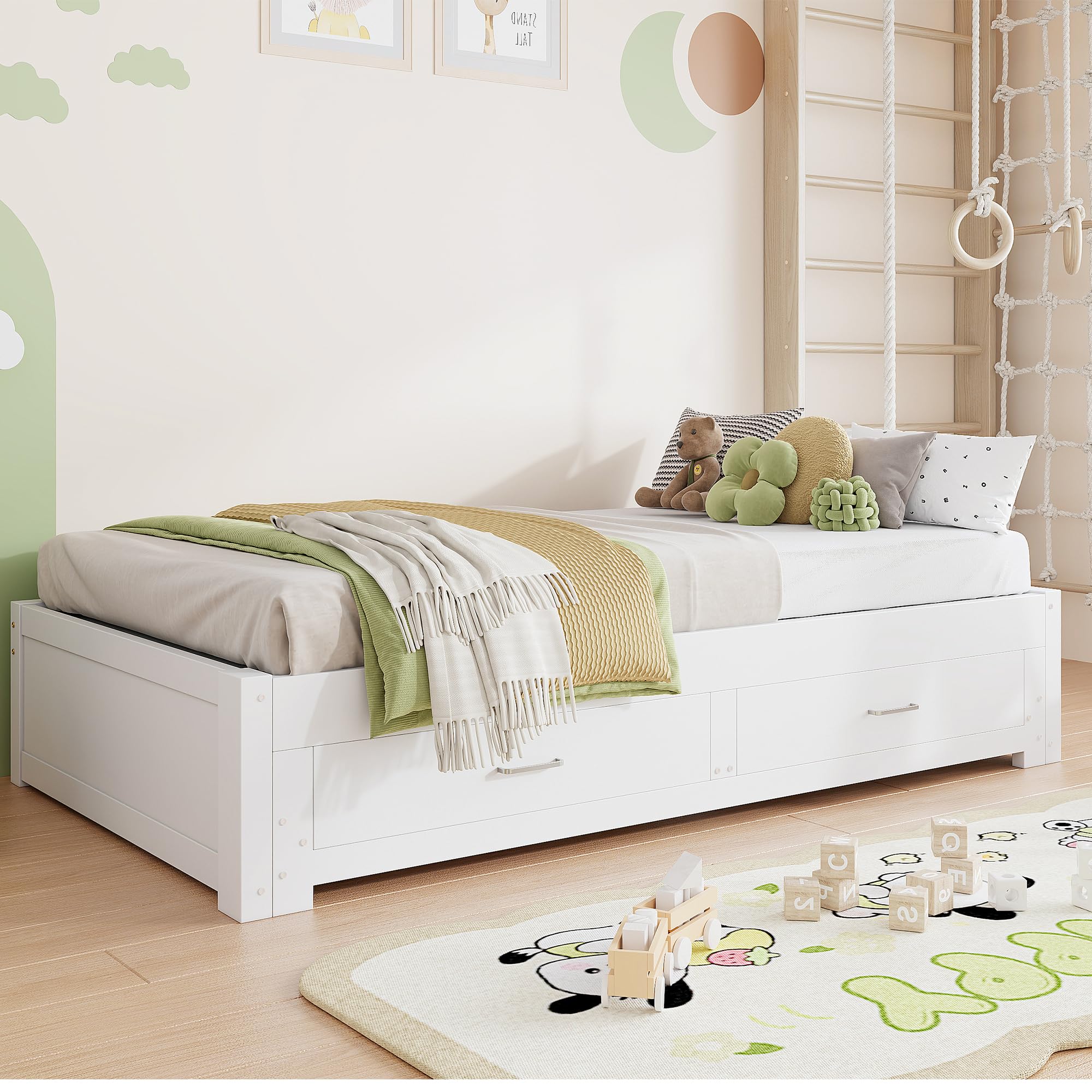 Kebnor Sofá cama extensible de madera, 90/180 x 190 cm, con dos cajones, sin reposabrazos ni respaldo, cama de invitados multifuncional con somier (blanco)