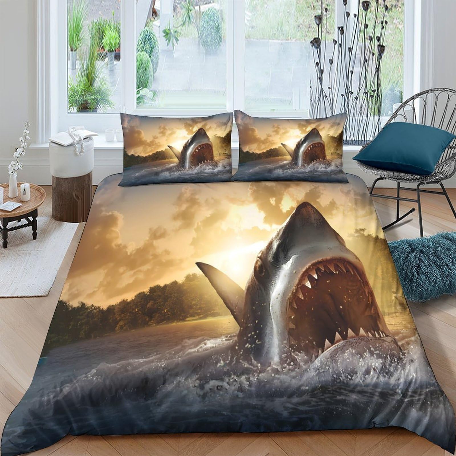Ctjqhvkz Style-10 3D Printed Shark Ocean Fitted Sheet Microfiber Soft Breathable Sunset Wave Mattress Cover For Bedroom Dorm Decor Single（135X200cm）